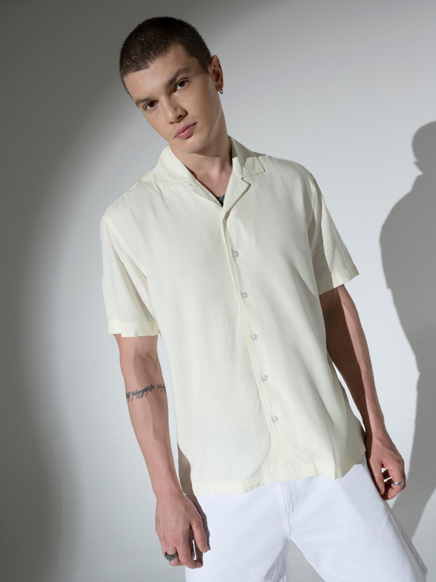 men viscose rayon cuban collar short sleeves solid oversized casual beige shirt