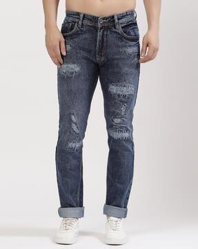 men washed distressed relaxed fit jeans