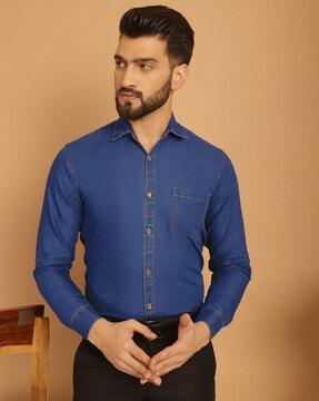 men washed regular fit shirt with patch pocket