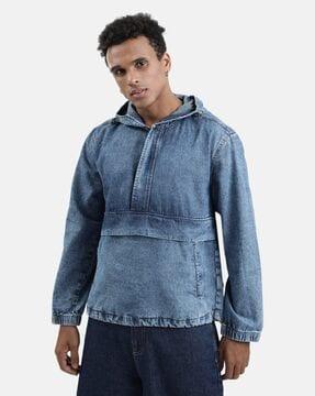 men washed relaxed fit hooded denim jacket