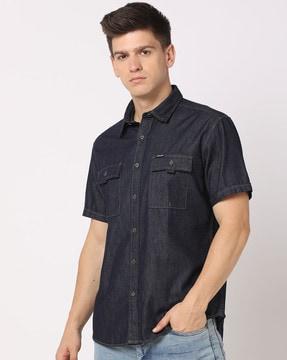 men washed slim fit shirt with flap pockets