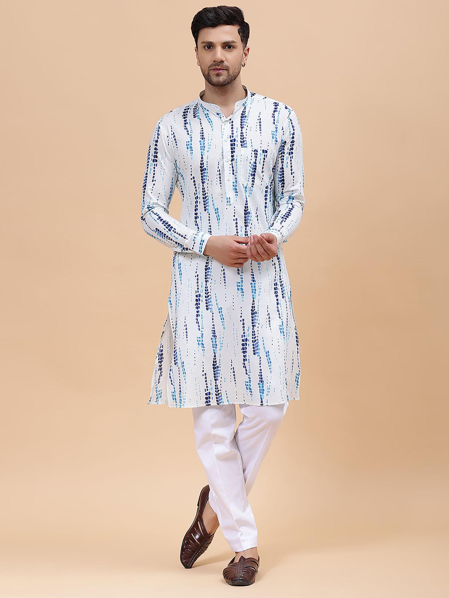 men white & blue pure cotton printed straight kurta