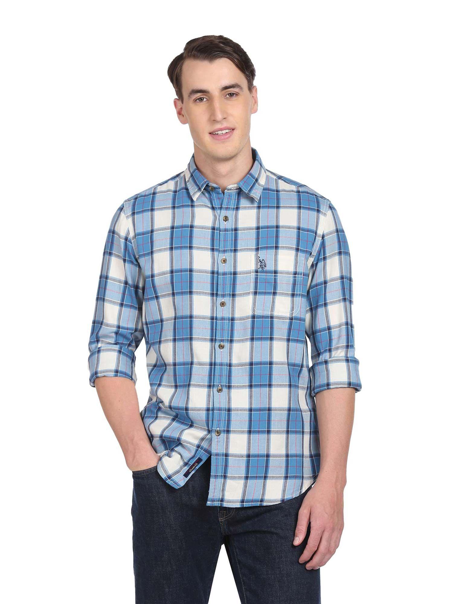 men white & blue twill weave tartan check casual shirt