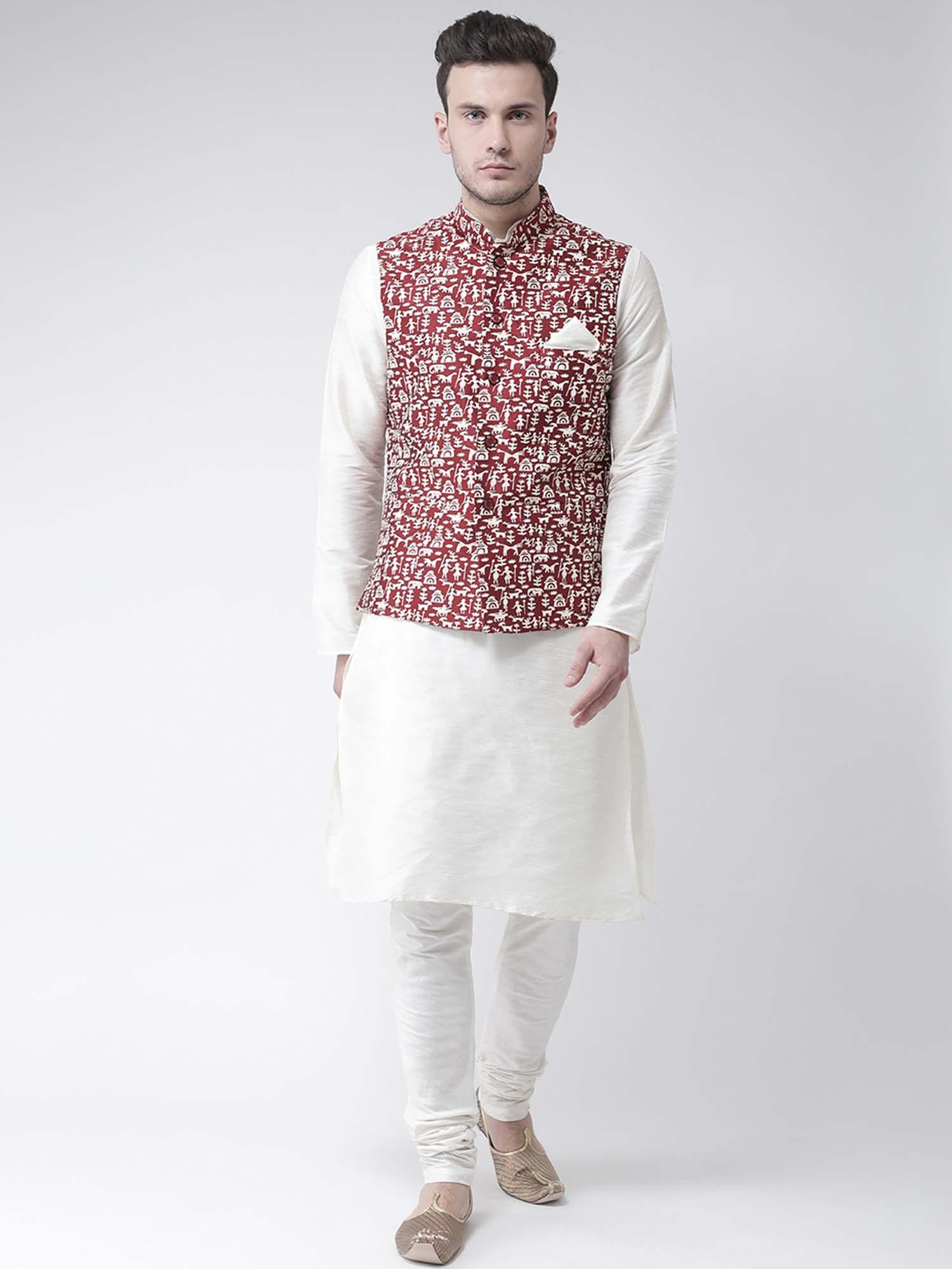 men white & maroon dupion silk printed kurta with pyjama nehru jacket (set of 3)