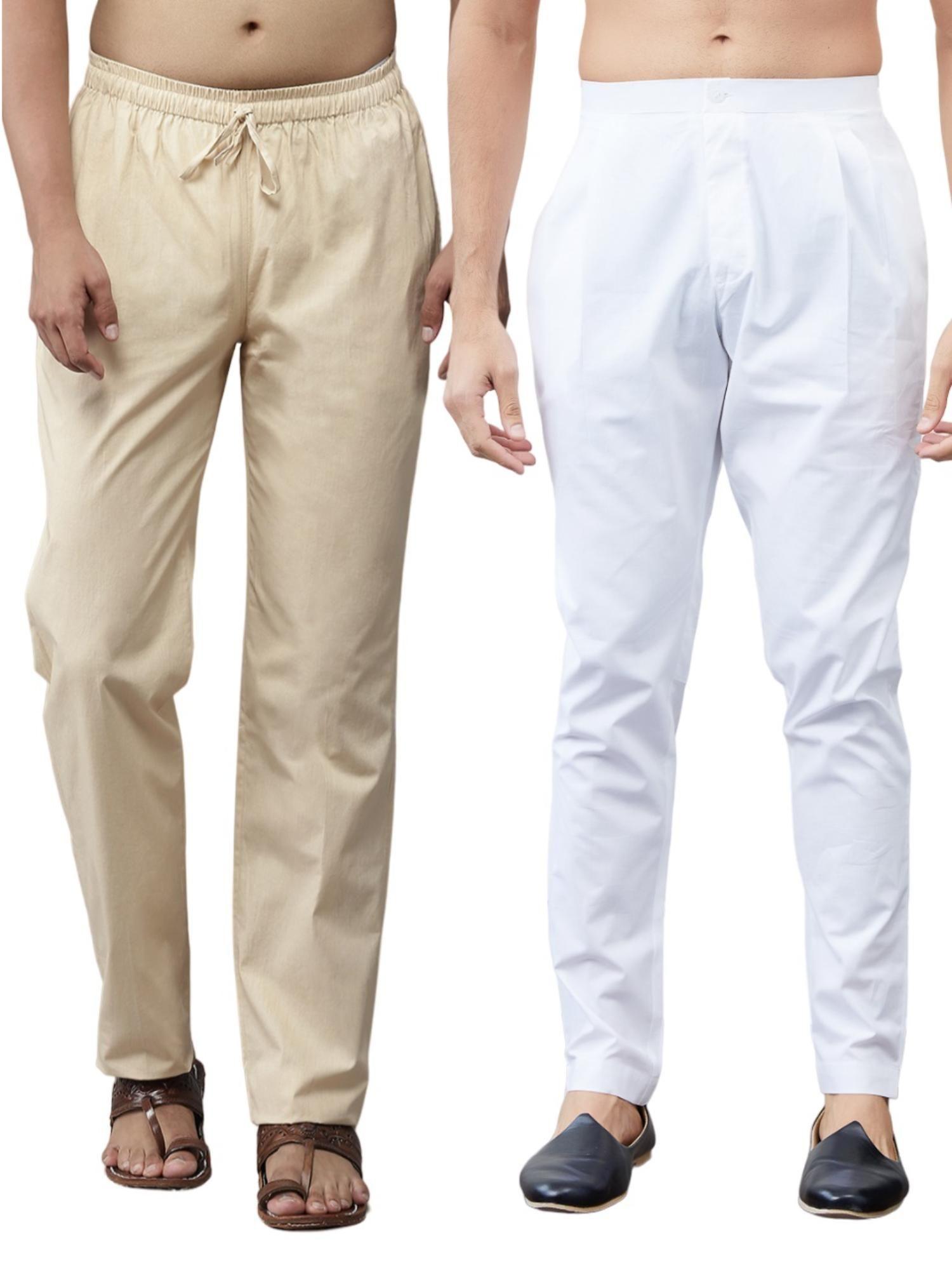 men white and beige cotton solid combo pajama (pack of 2)