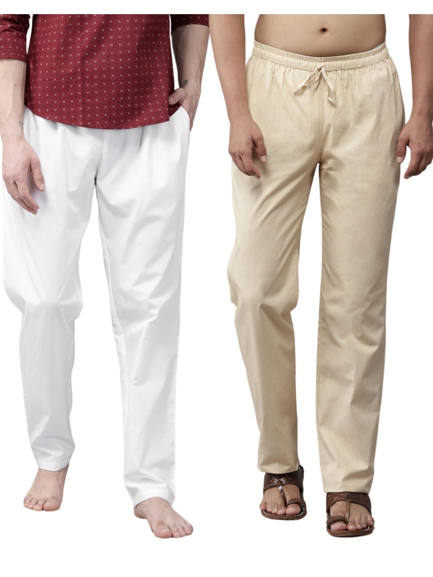 men white and beige cotton solid combo pajama (pack of 2)