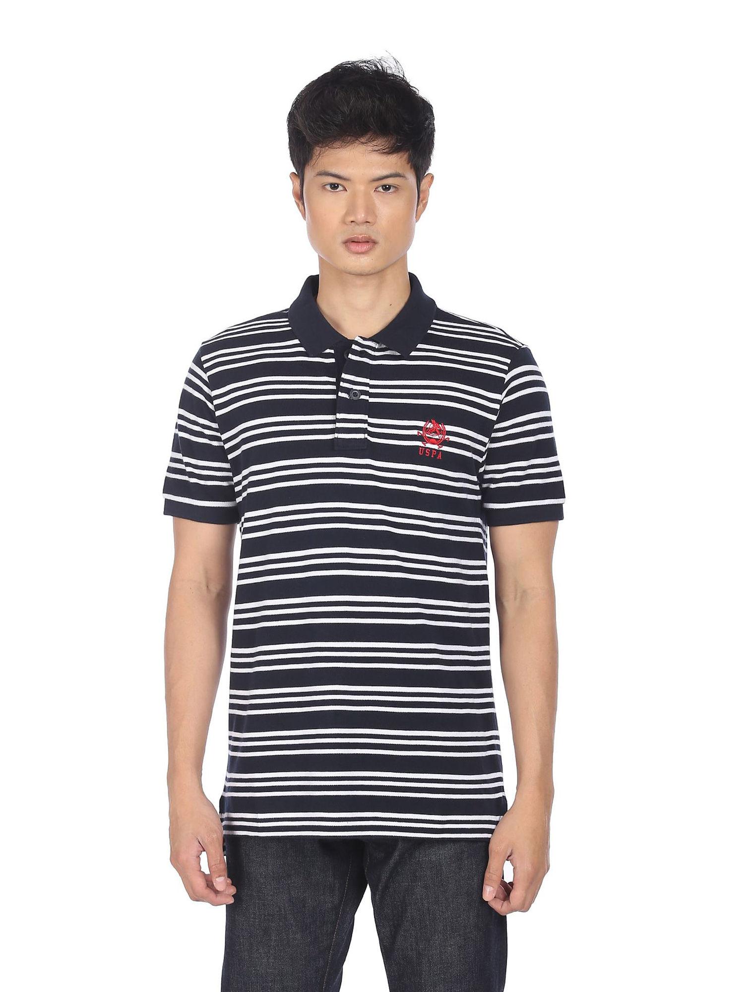 men white and black striped short sleeve polo t-shirt