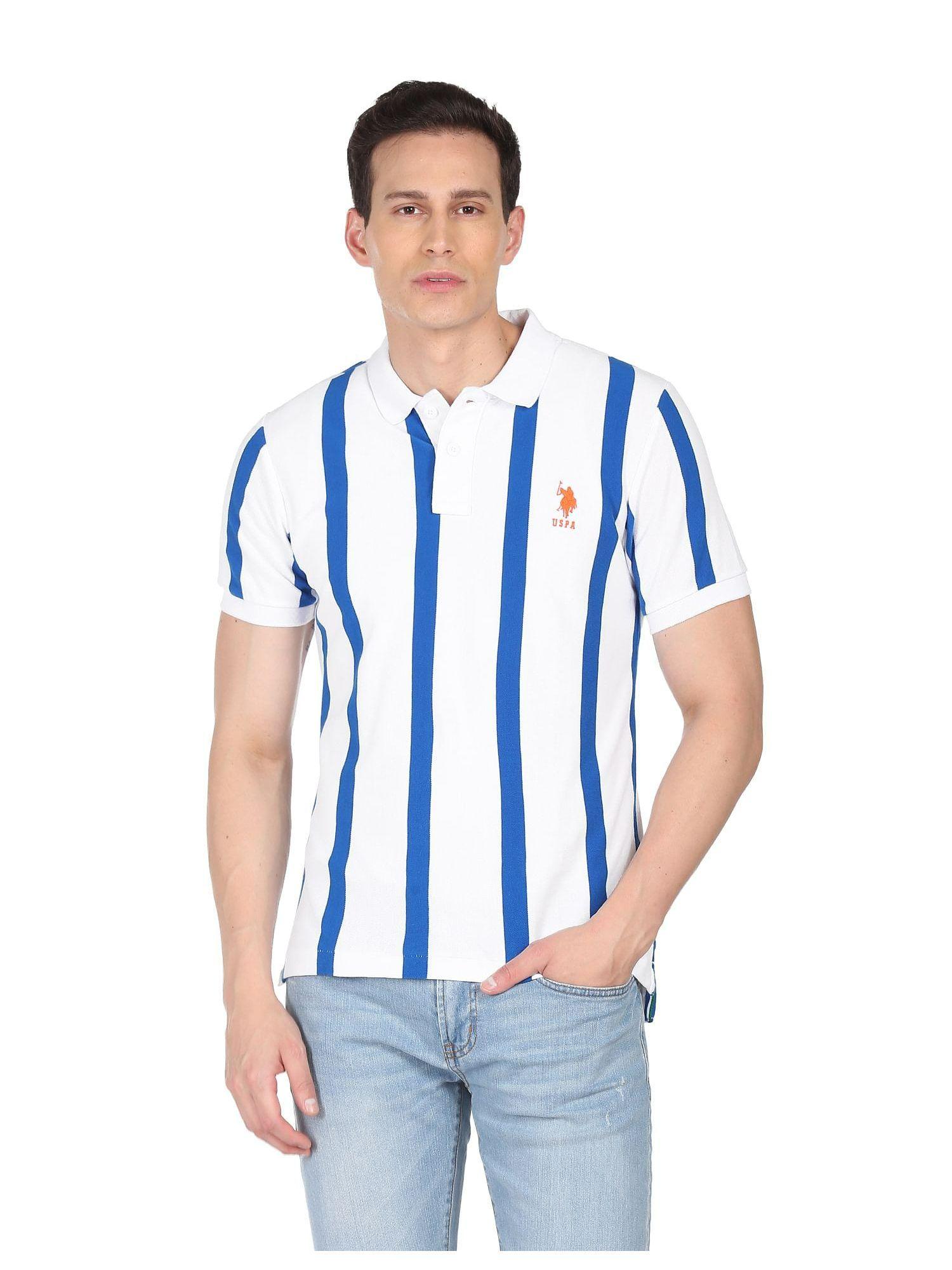 men white and blue cotton vertical stripe polo t-shirt
