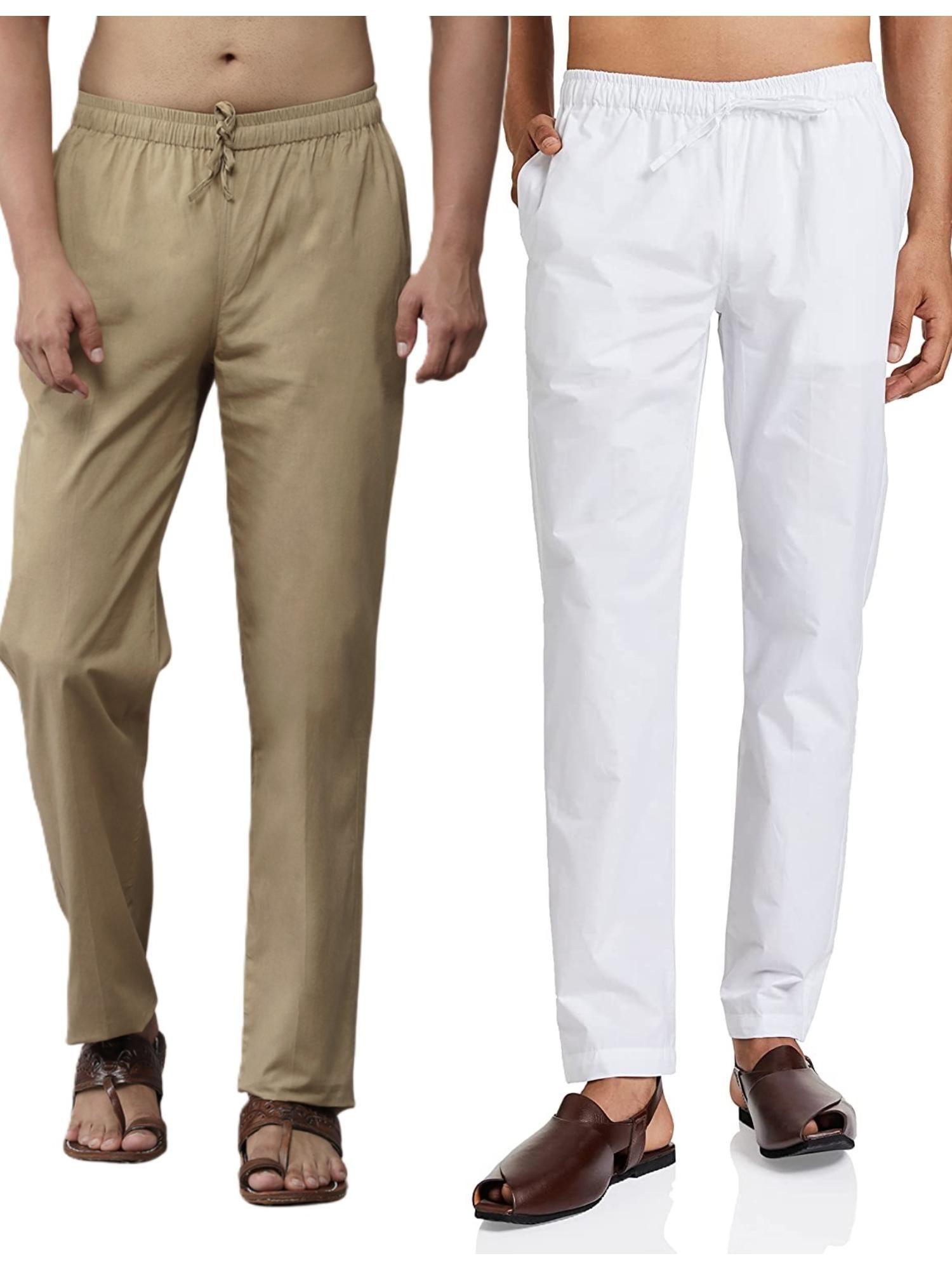men white and brown cotton solid combo pajama (pack of 2)