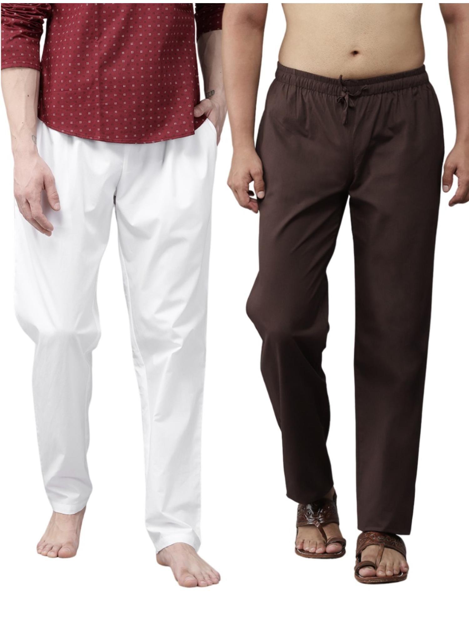 men white and coffee cotton solid combo pajama (pack of 2)