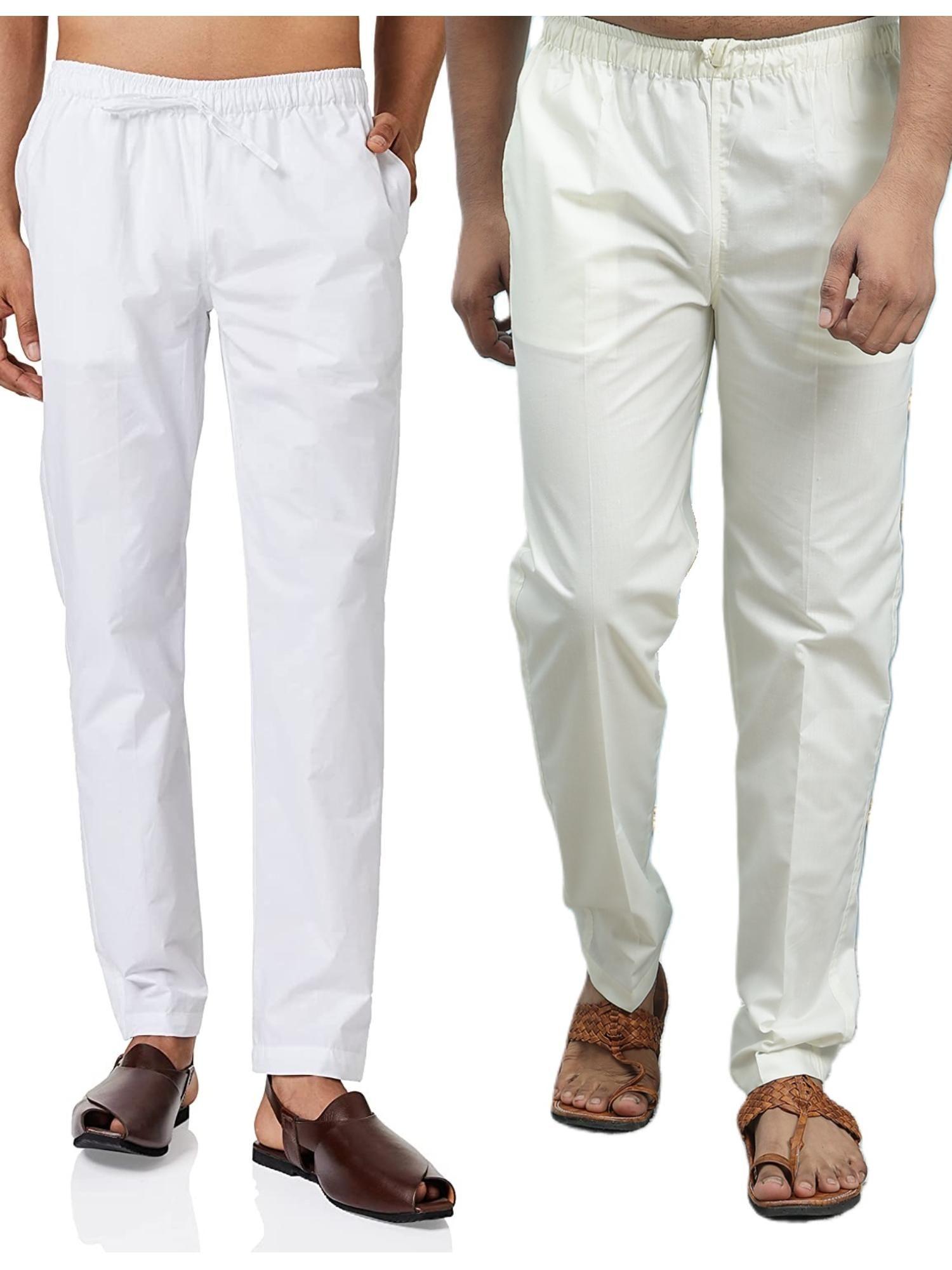 men white and cream cotton solid combo pajama (pack of 2)