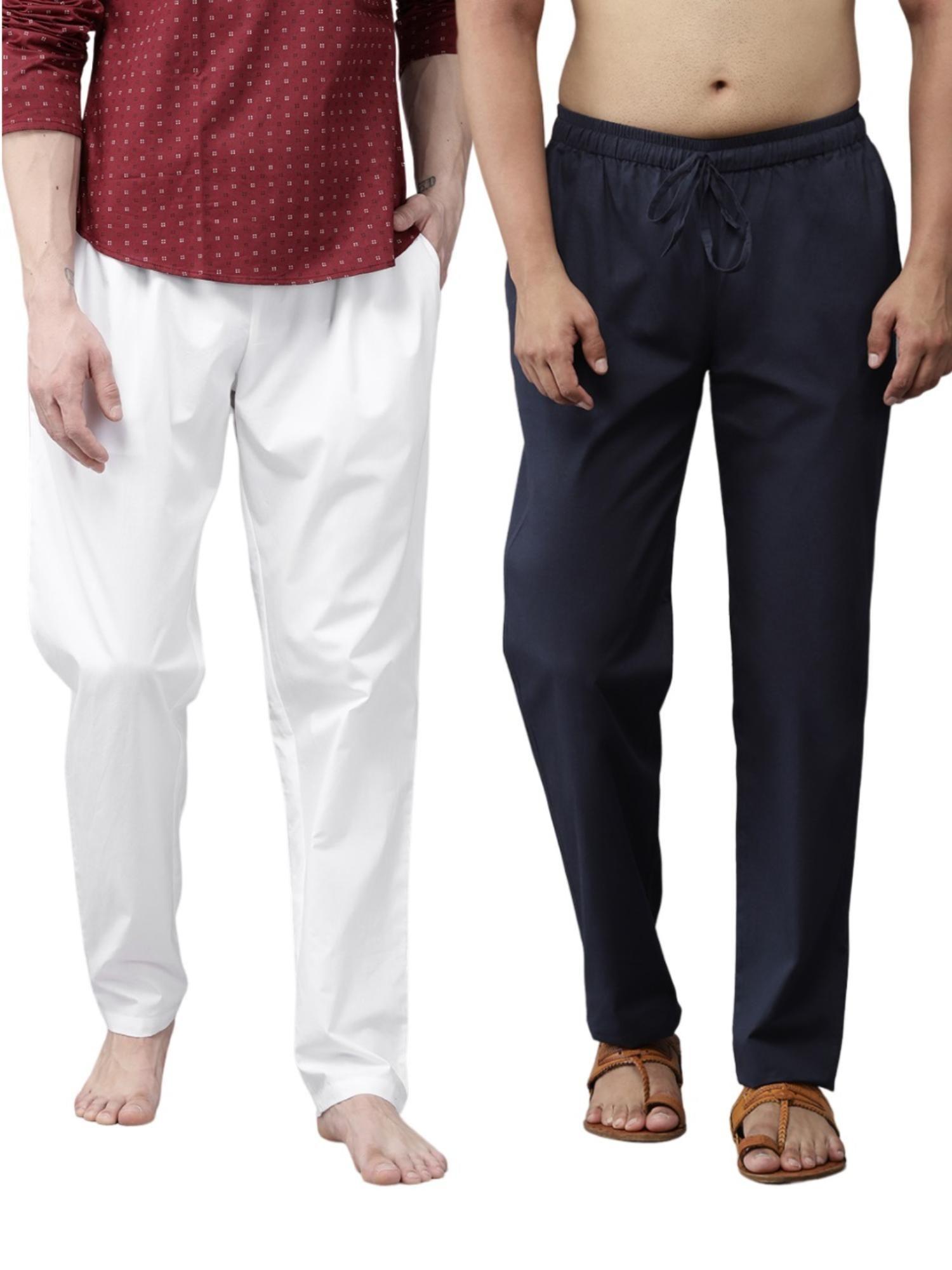 men white and navy blue cotton solid combo pajama (pack of 2)