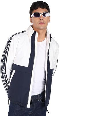 men white and navy brand taped padded jacket