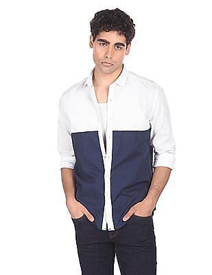 men white and navy spread collar colour block casual shirt