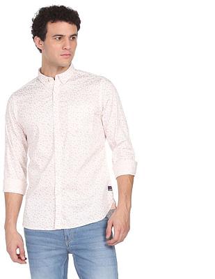 men white and orange button-down collar floral print casual shirt