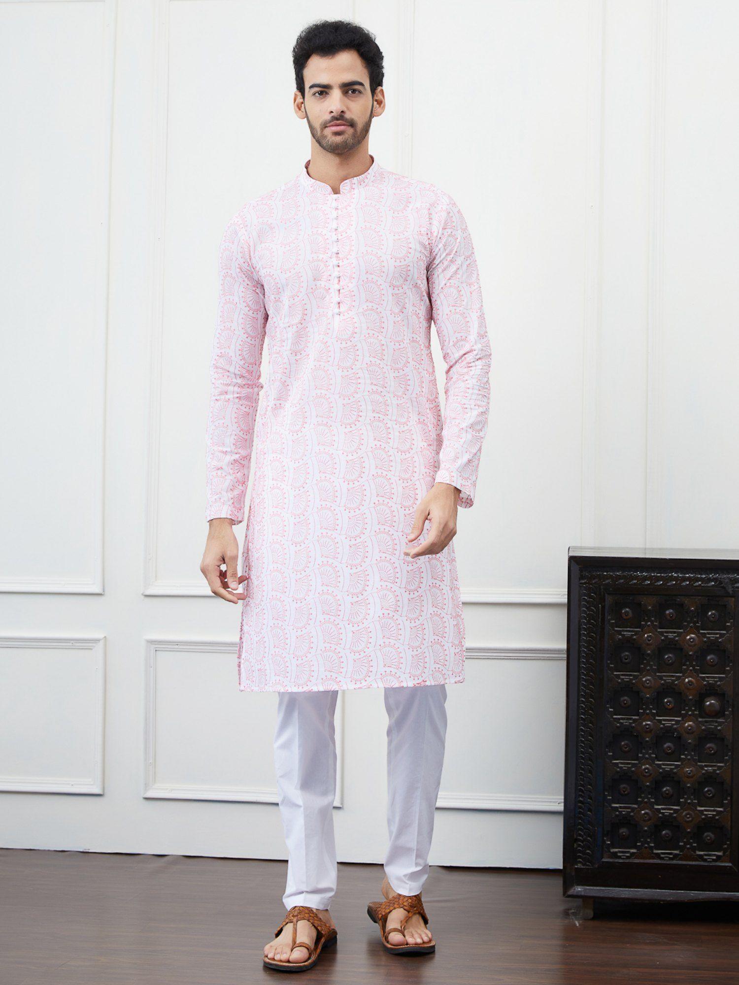 men white and pink chikankari embroidered cotton kurta with pyjama (set of 2)