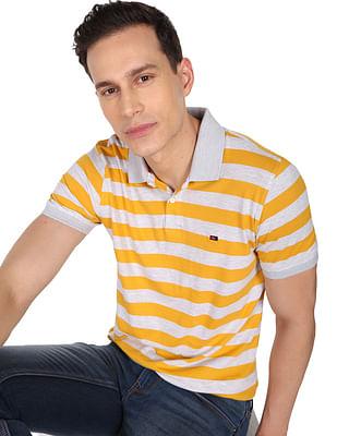 men white and yellow horizontal stripe pique polo shirt