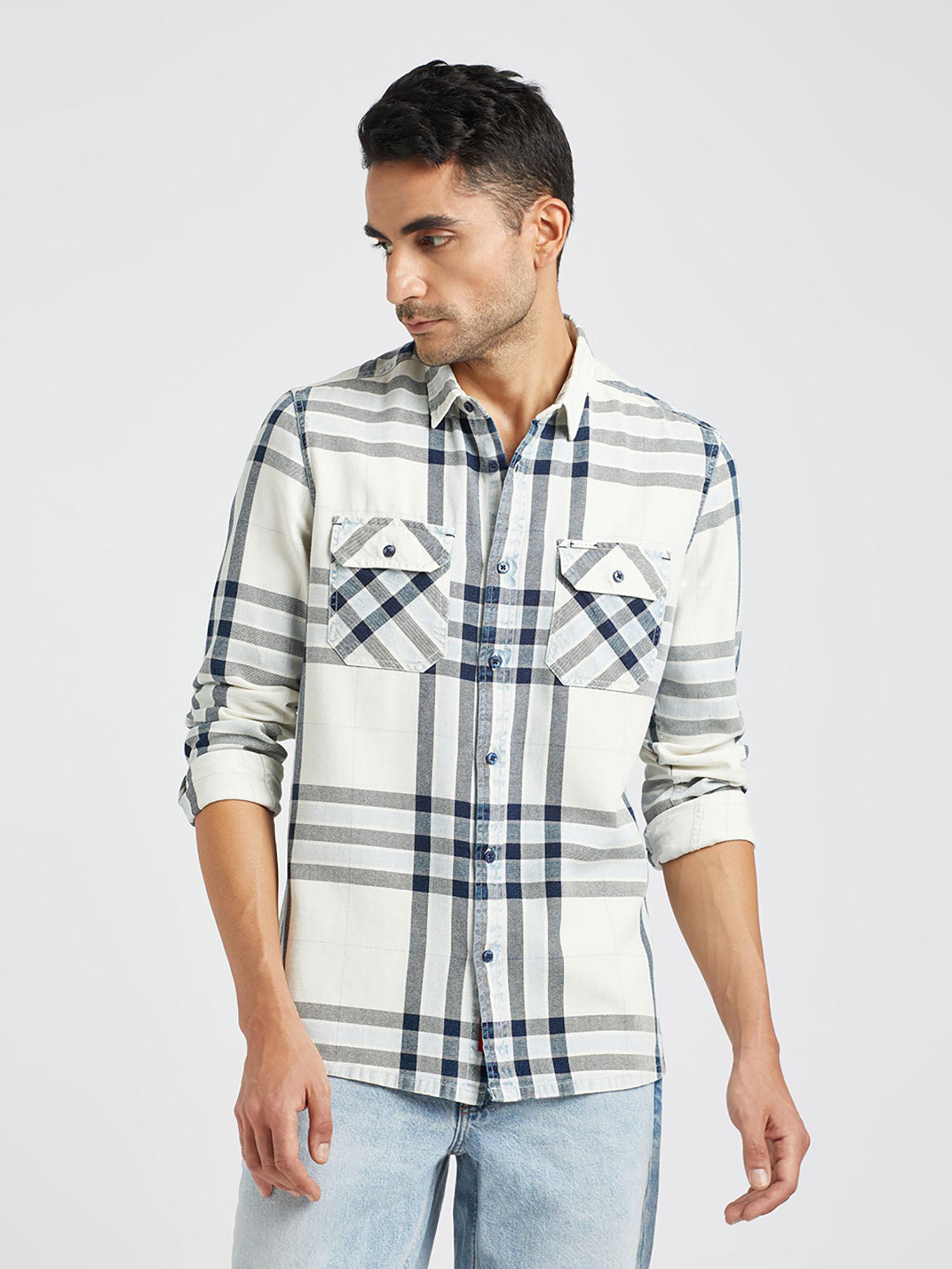 men white checked slim fit cotton casual shirt