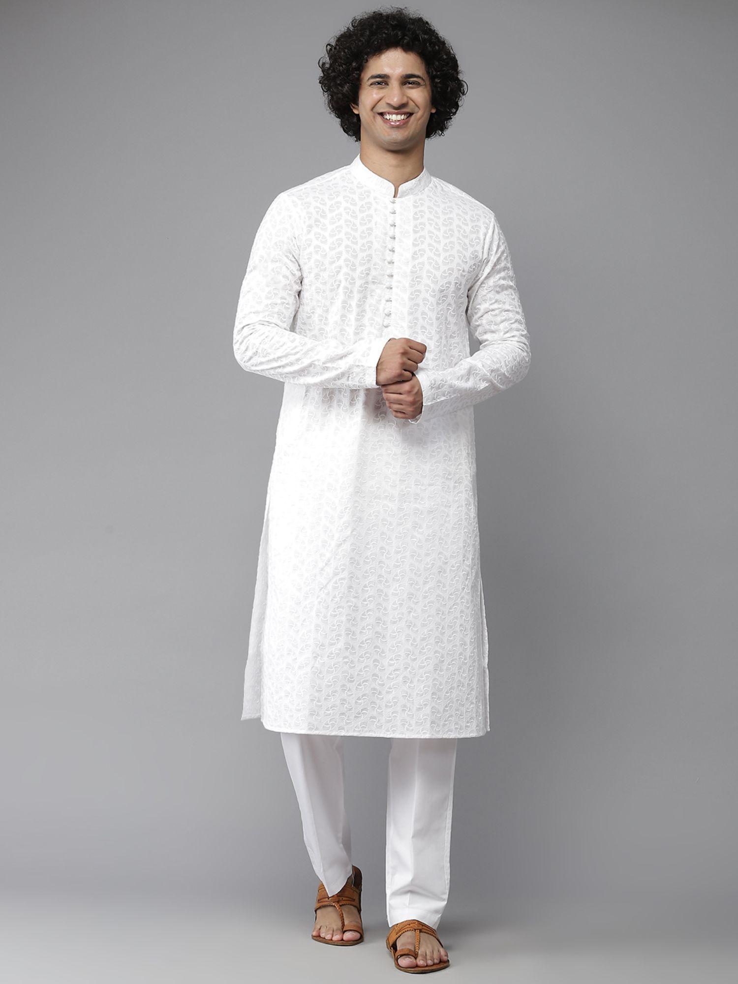 men white chikankari embroidered kurta with pyjama (set of 2)