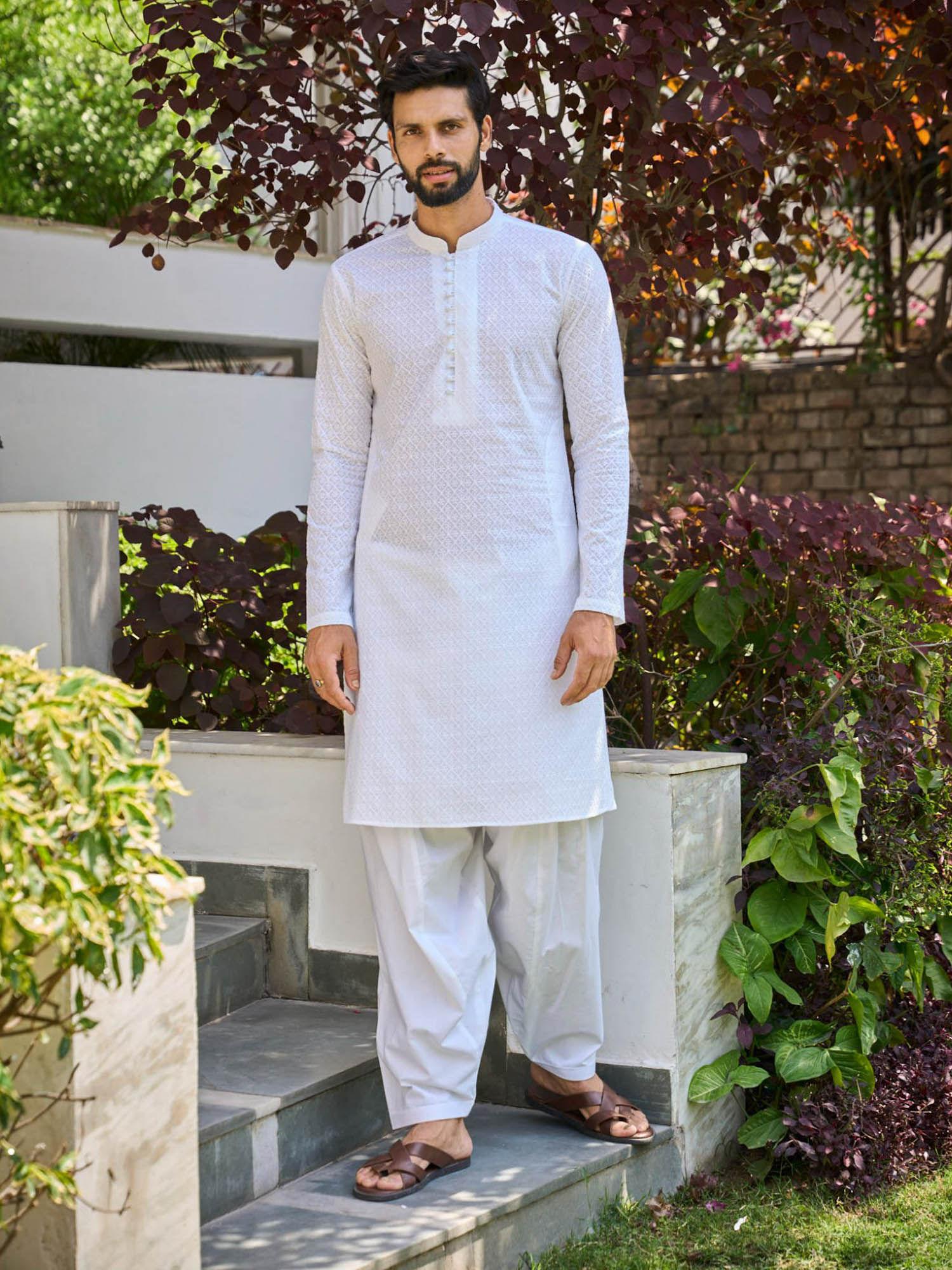 men white chikankari embroidered straight kurta with white salwar (set of 2)
