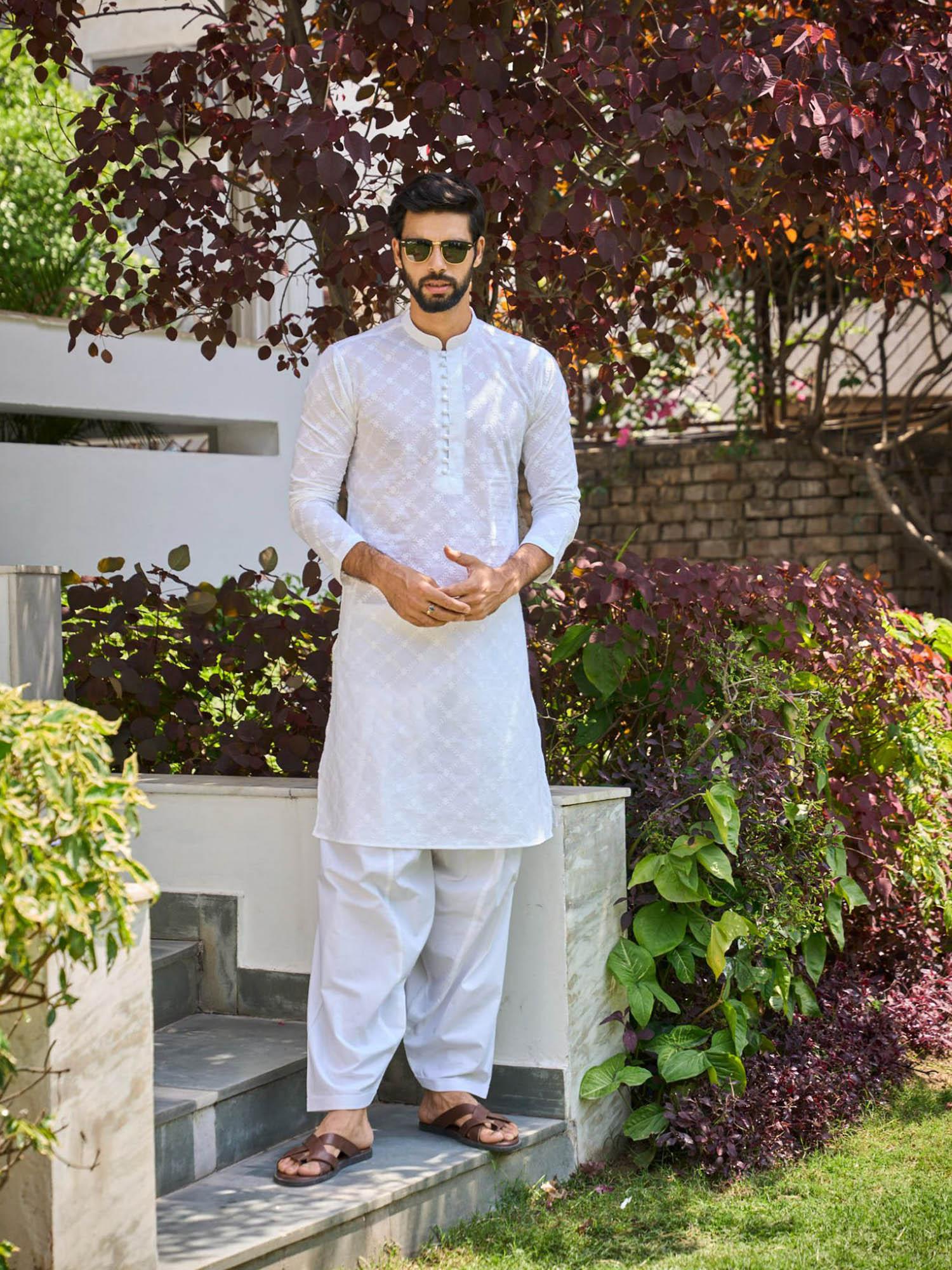 men white chikankari embroidered straight kurta with white salwar (set of 2)