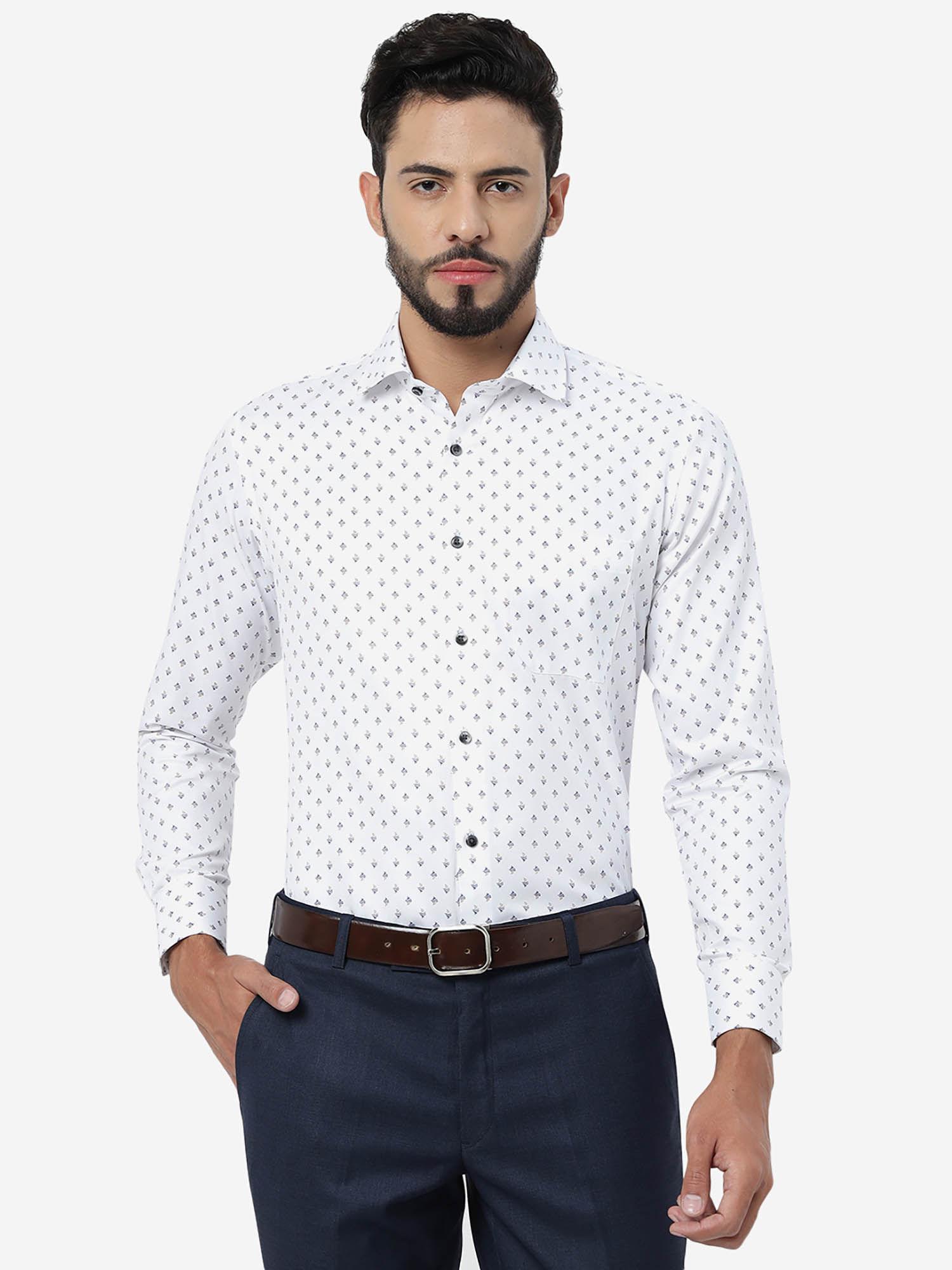 men white cotton blend slim fit printed formal shirt