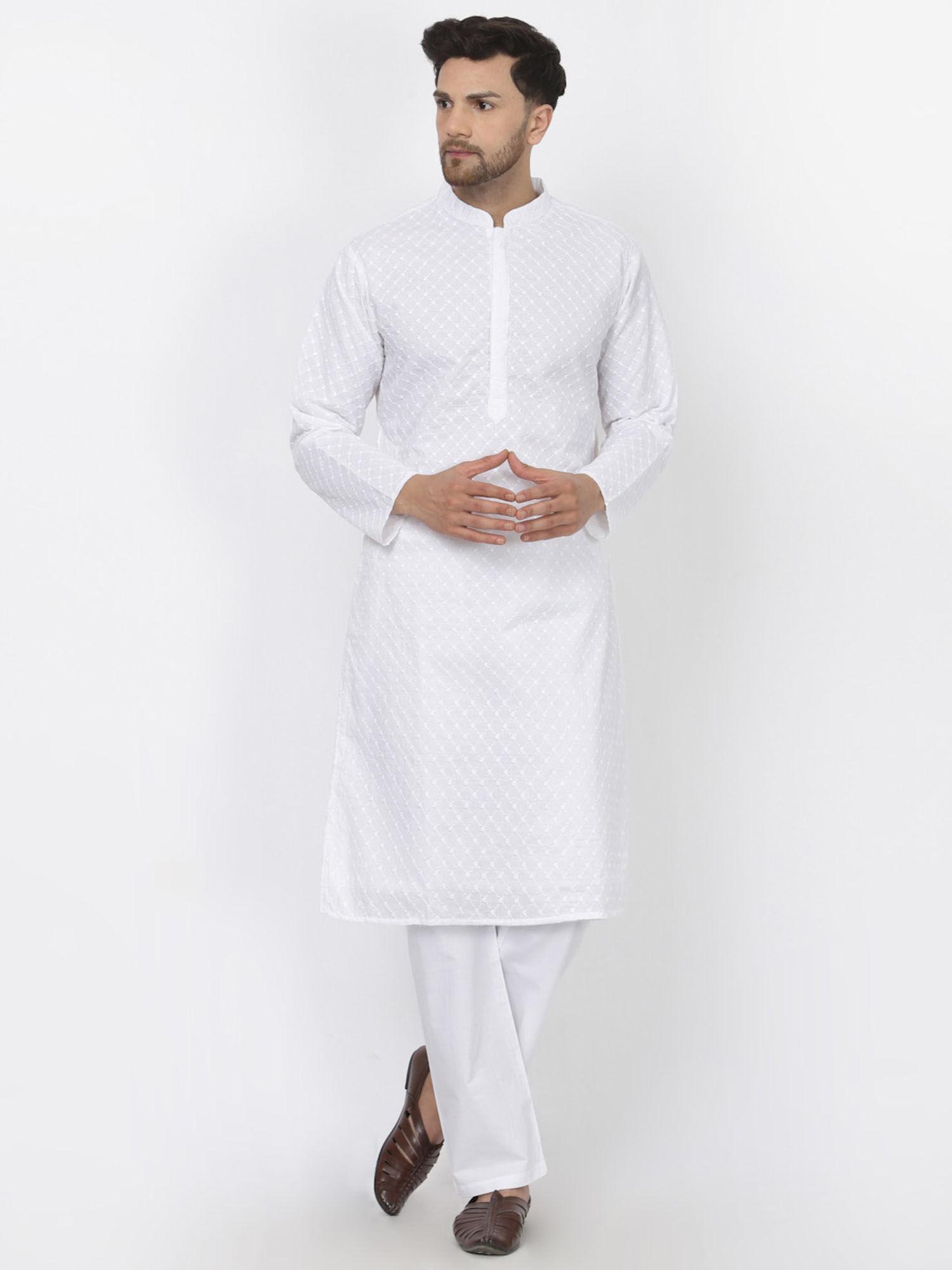 men white cotton embroidered kurta with pyjama (set of 2)