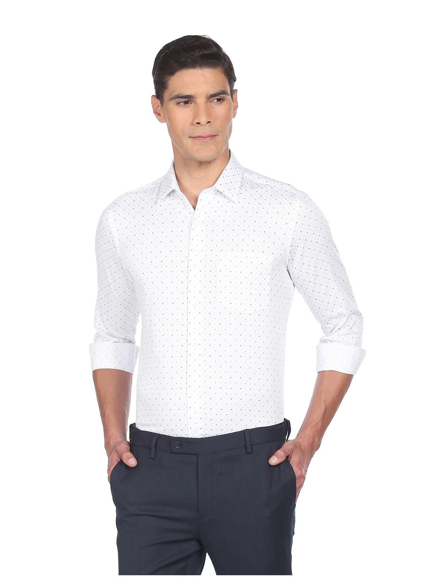 men white cotton manhattan slim fit printed formal shirt