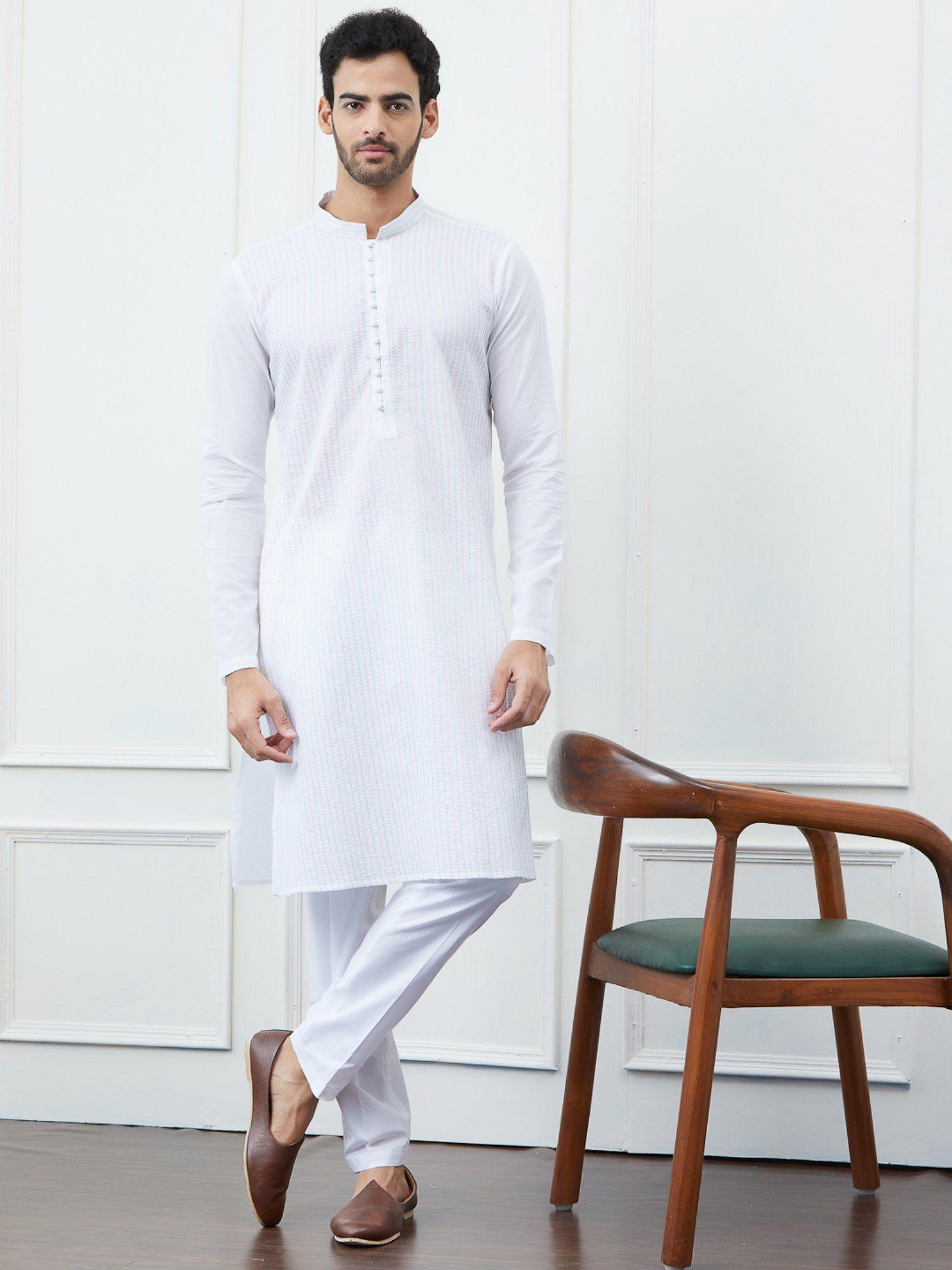 men white cotton multi thread work kurta with pyjama (set of 2)