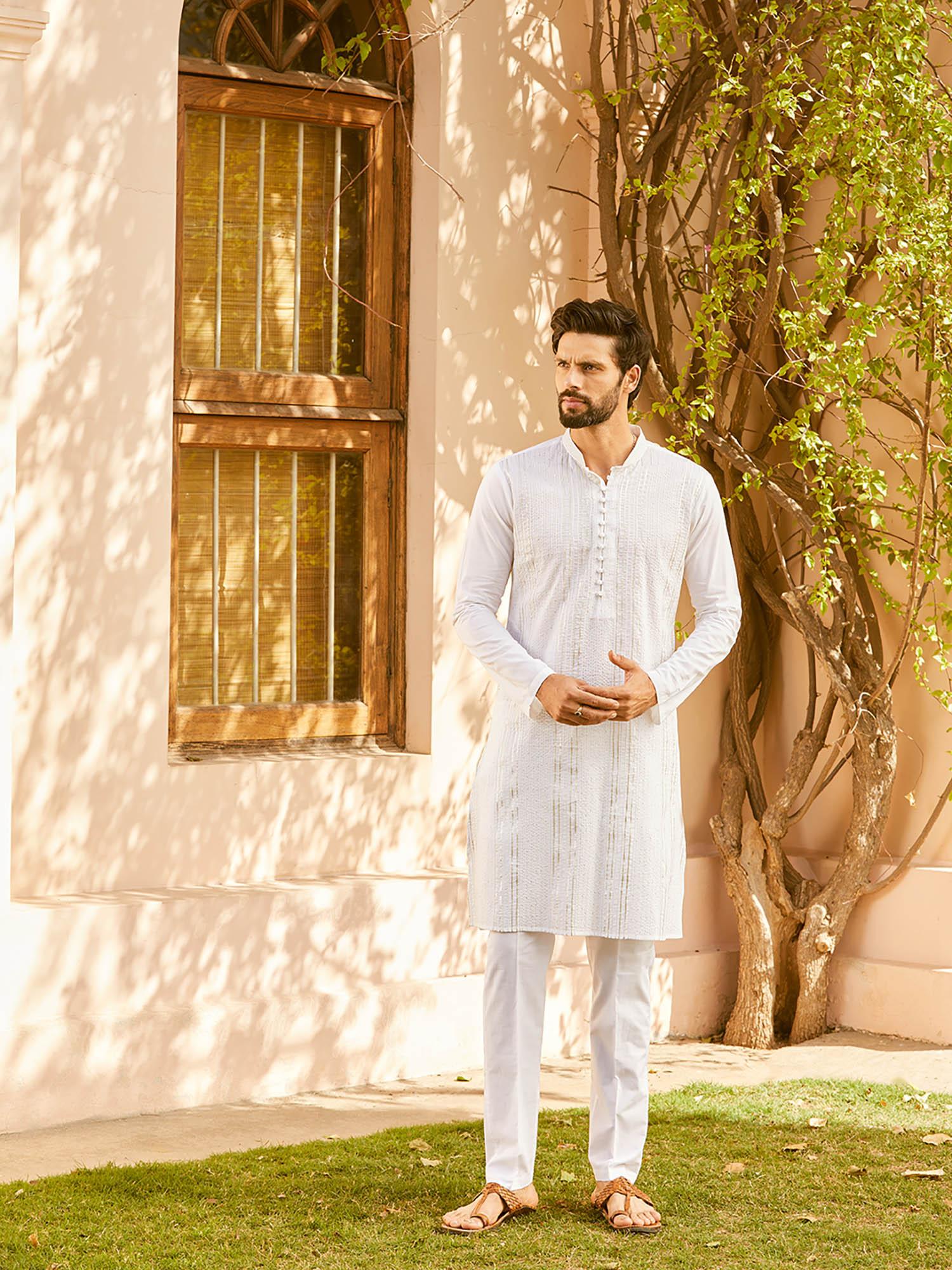 men white cotton pintex design silver thread work sequence kurta