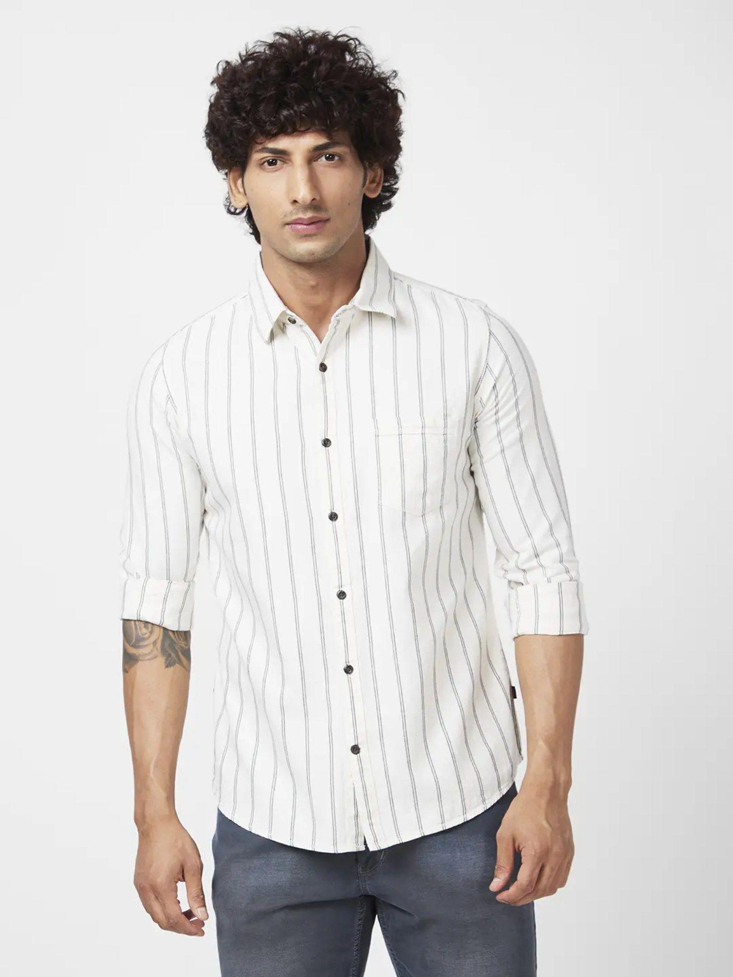 men white cotton regular slim fit full sleeve casual striped shirt