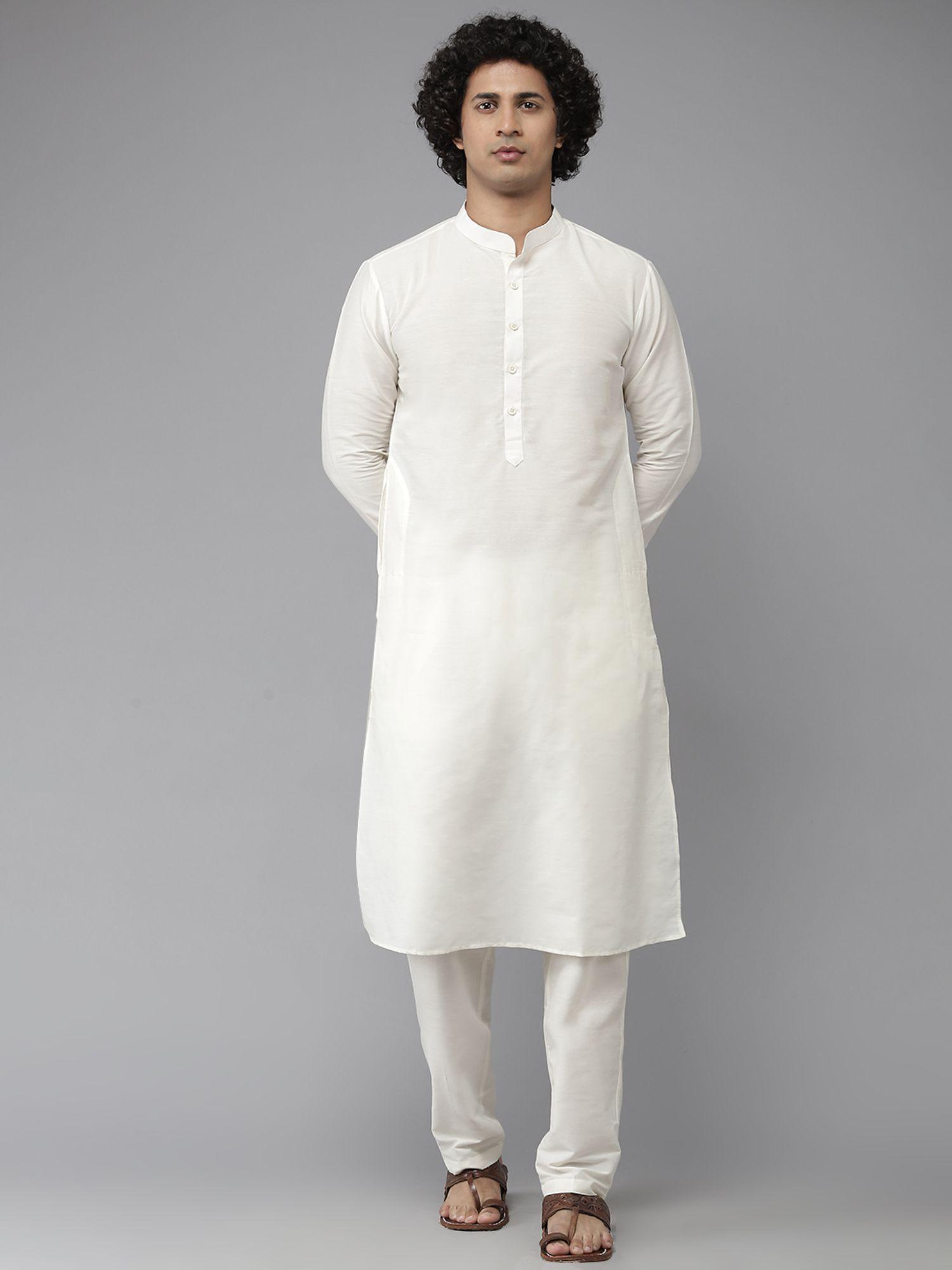 men white cotton silk kurta with pyjama (set of 2)