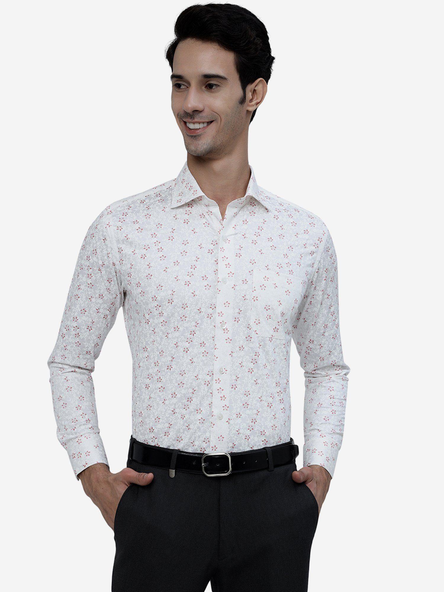 men white cotton slim fit printed formal shirt