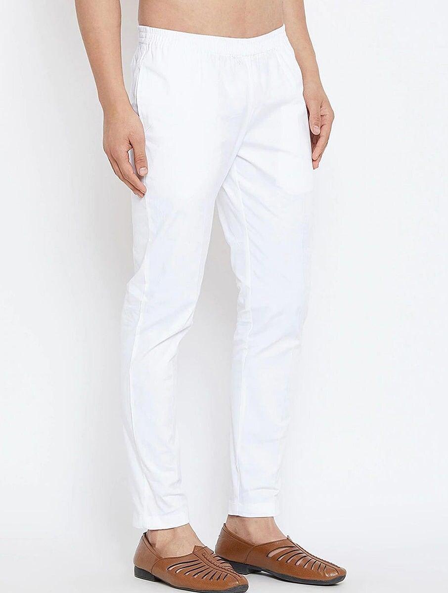 men white cotton solid ankle length straight fit pants