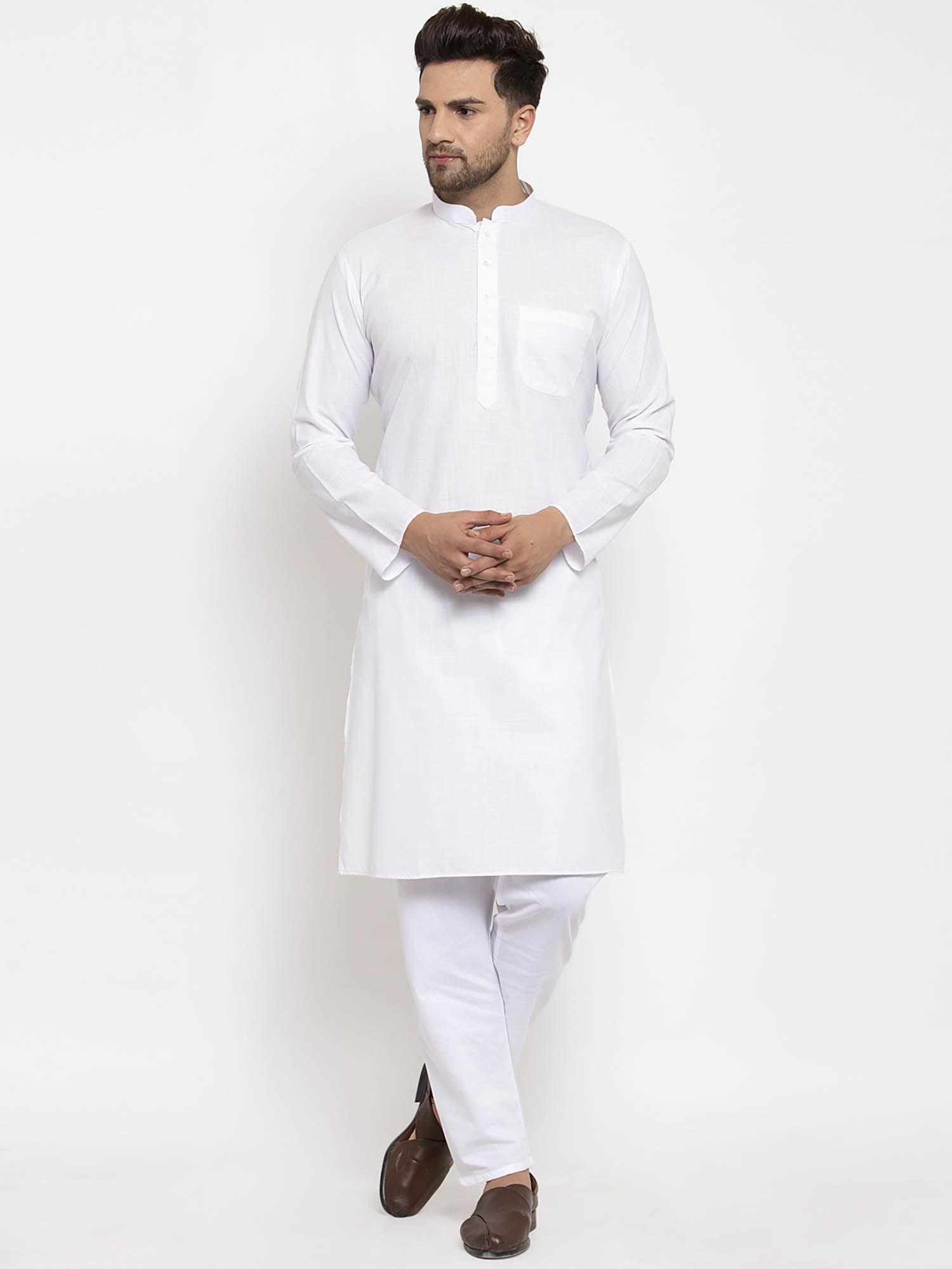 men white cotton solid kurta with pyjamas (set of 2)