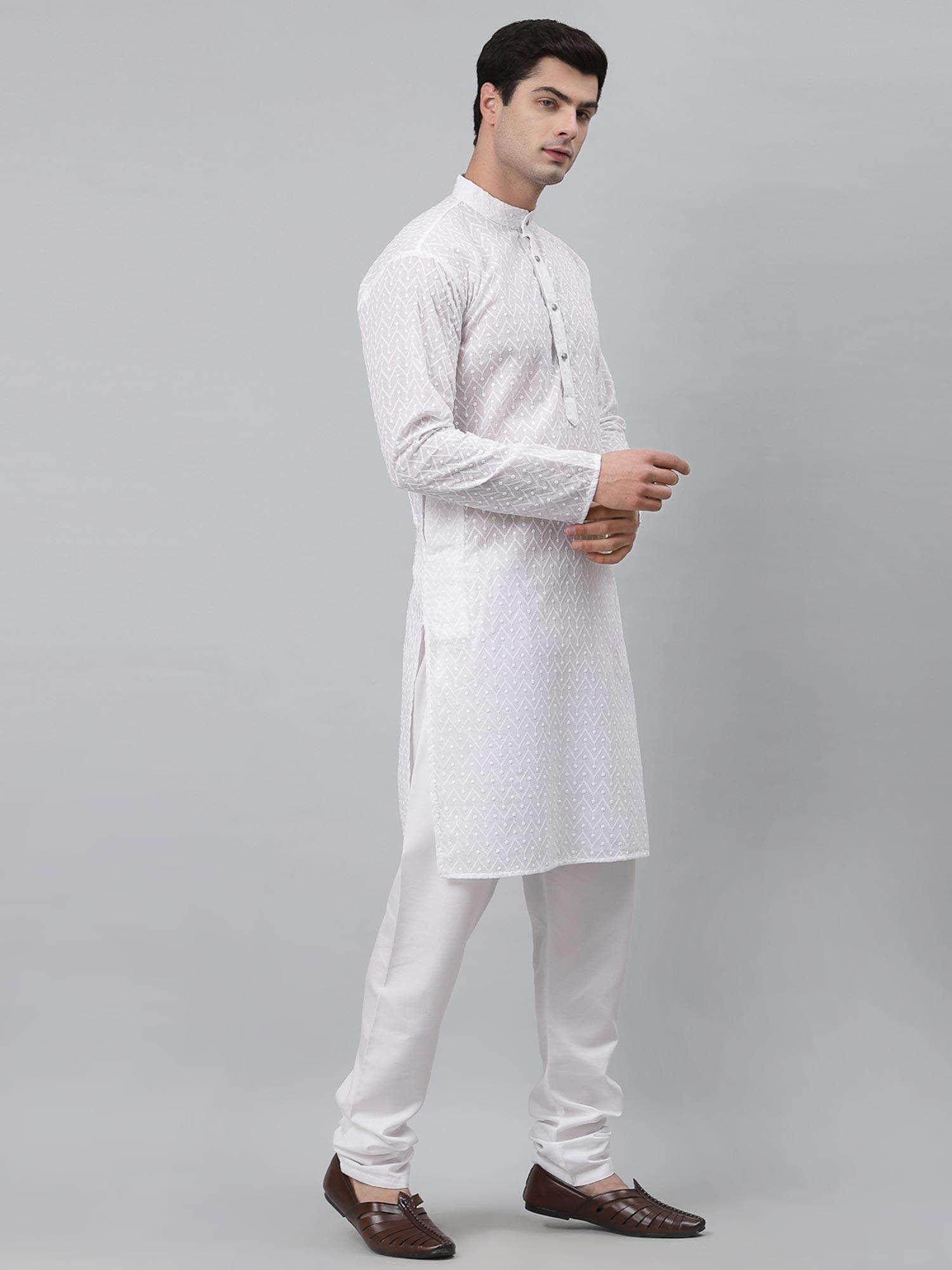 men white cotton thread work straight kurta and churidaar (set of 2)