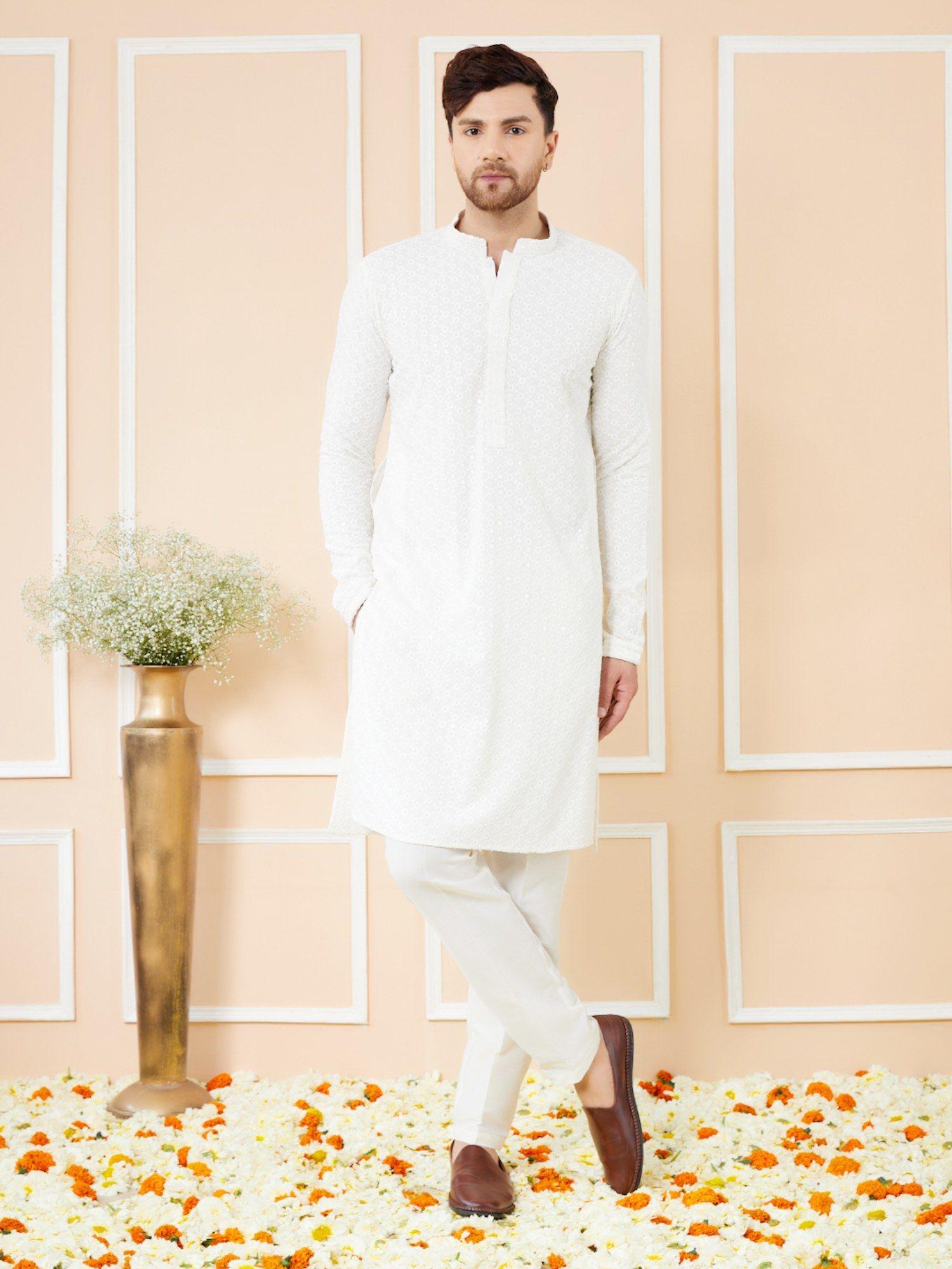 men white embroidered sequined rayon kurta (set of 2)