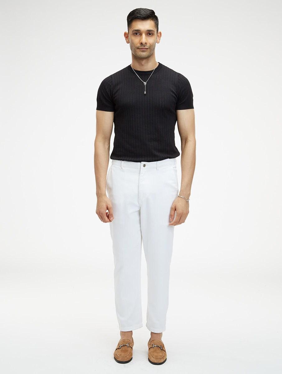 men white khadi solid long regular fit pants