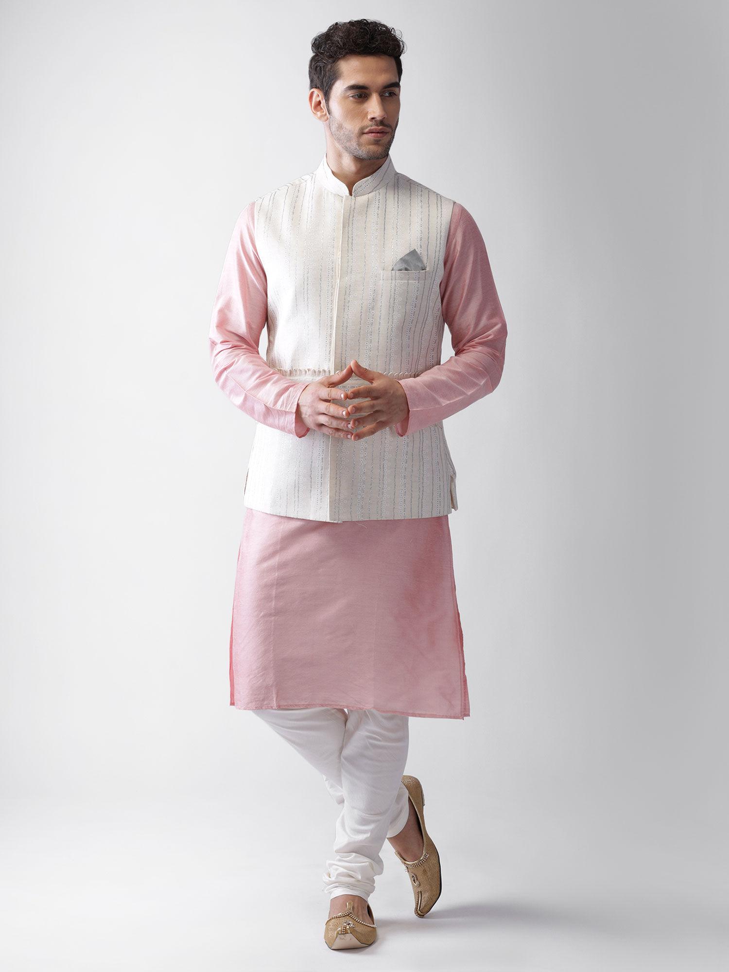 men white kurta jacket and churidar (set of 3)