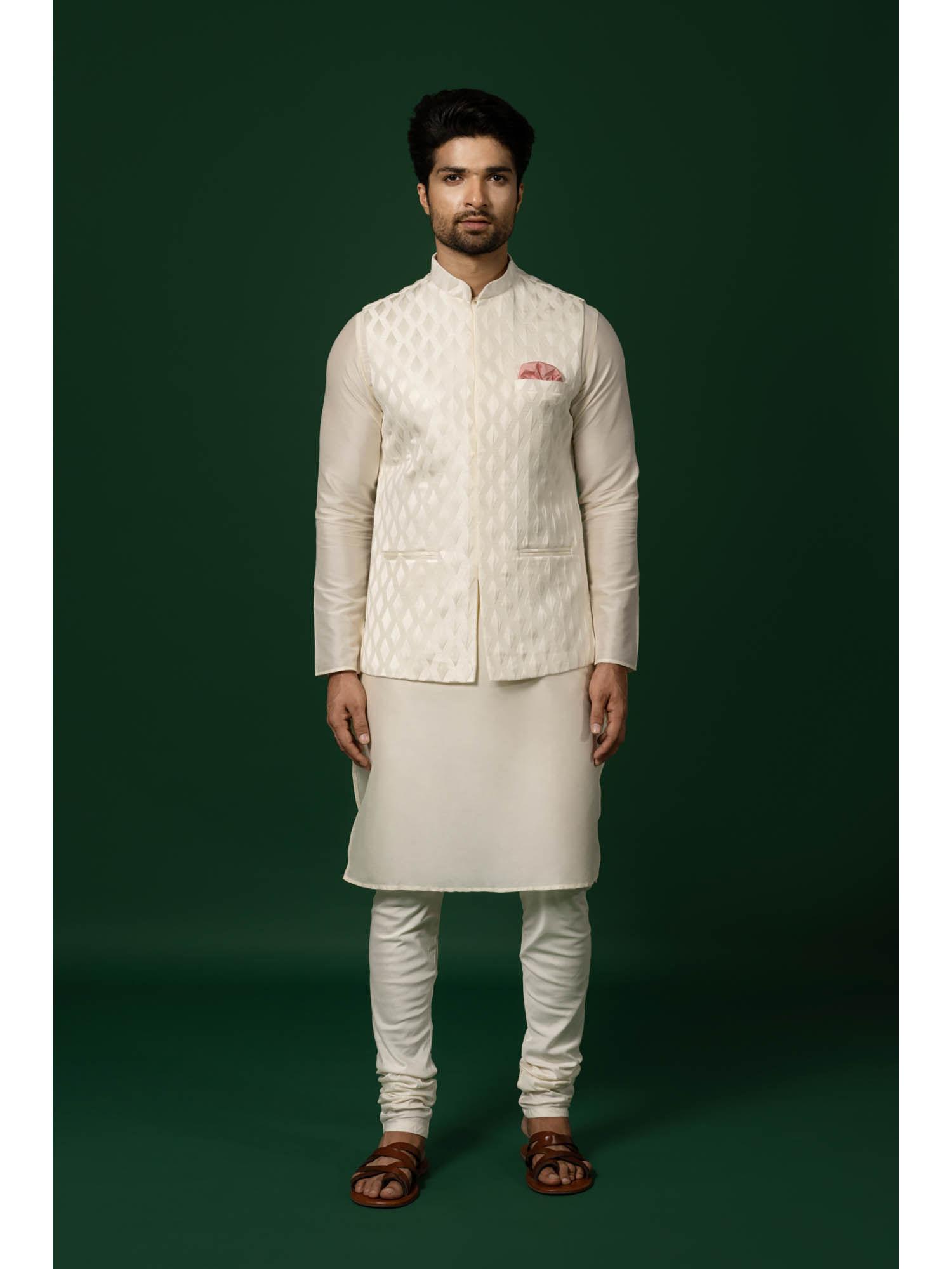 men white kurta jacket churidar set (set of 3)