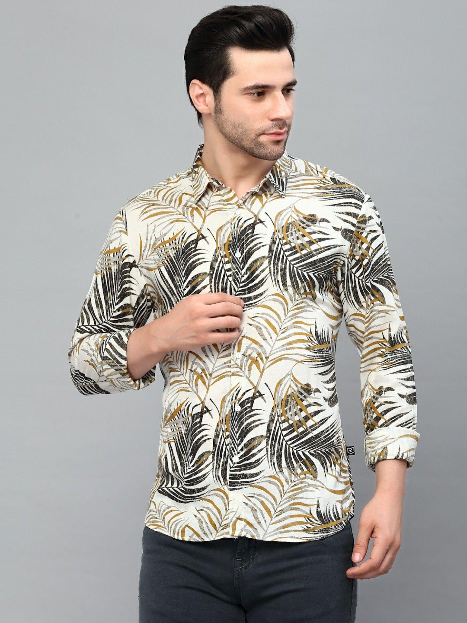 men white palm leaves print cut away collar full sleeve shirt
