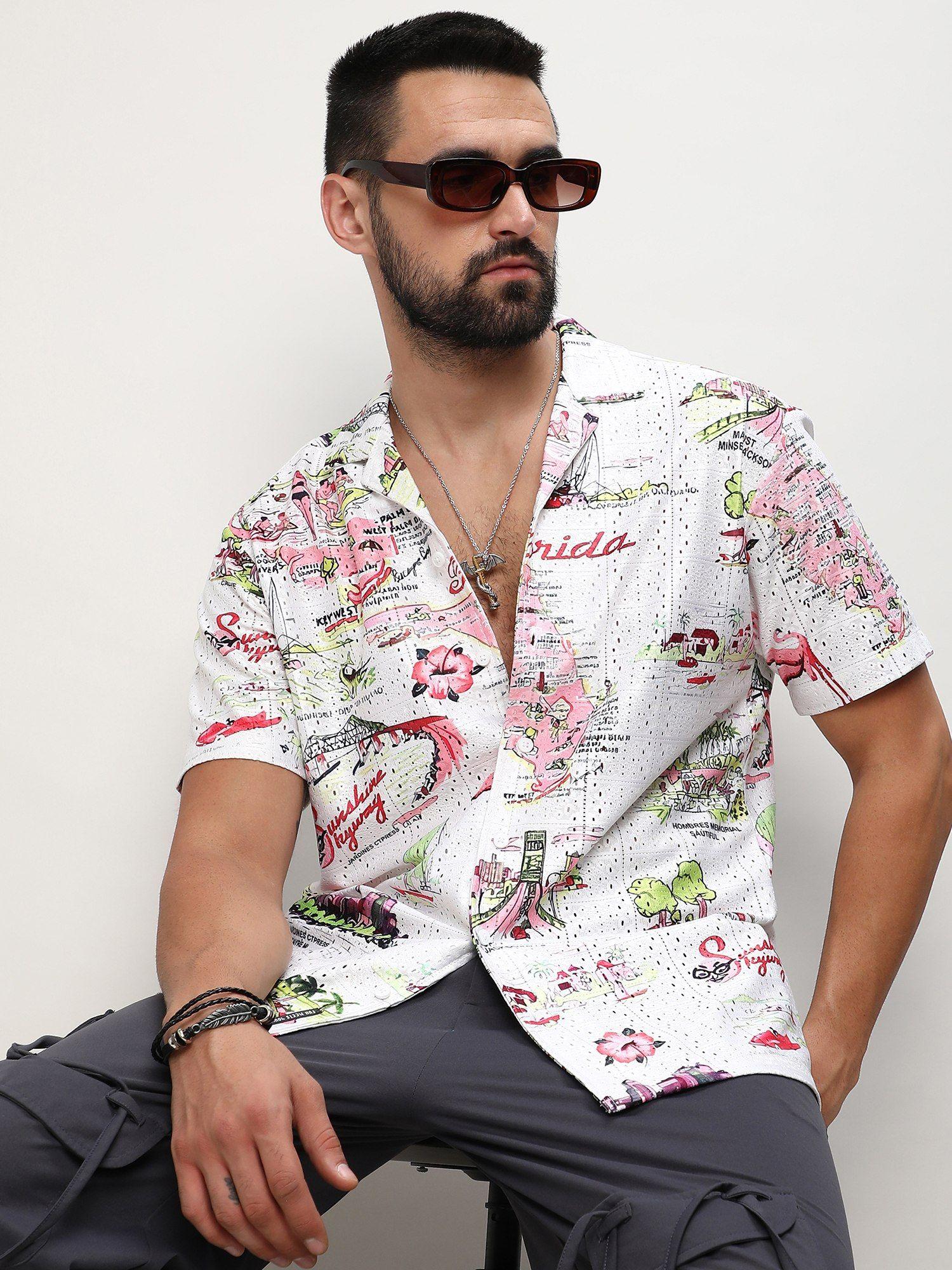 men white polyester printed casual shirt