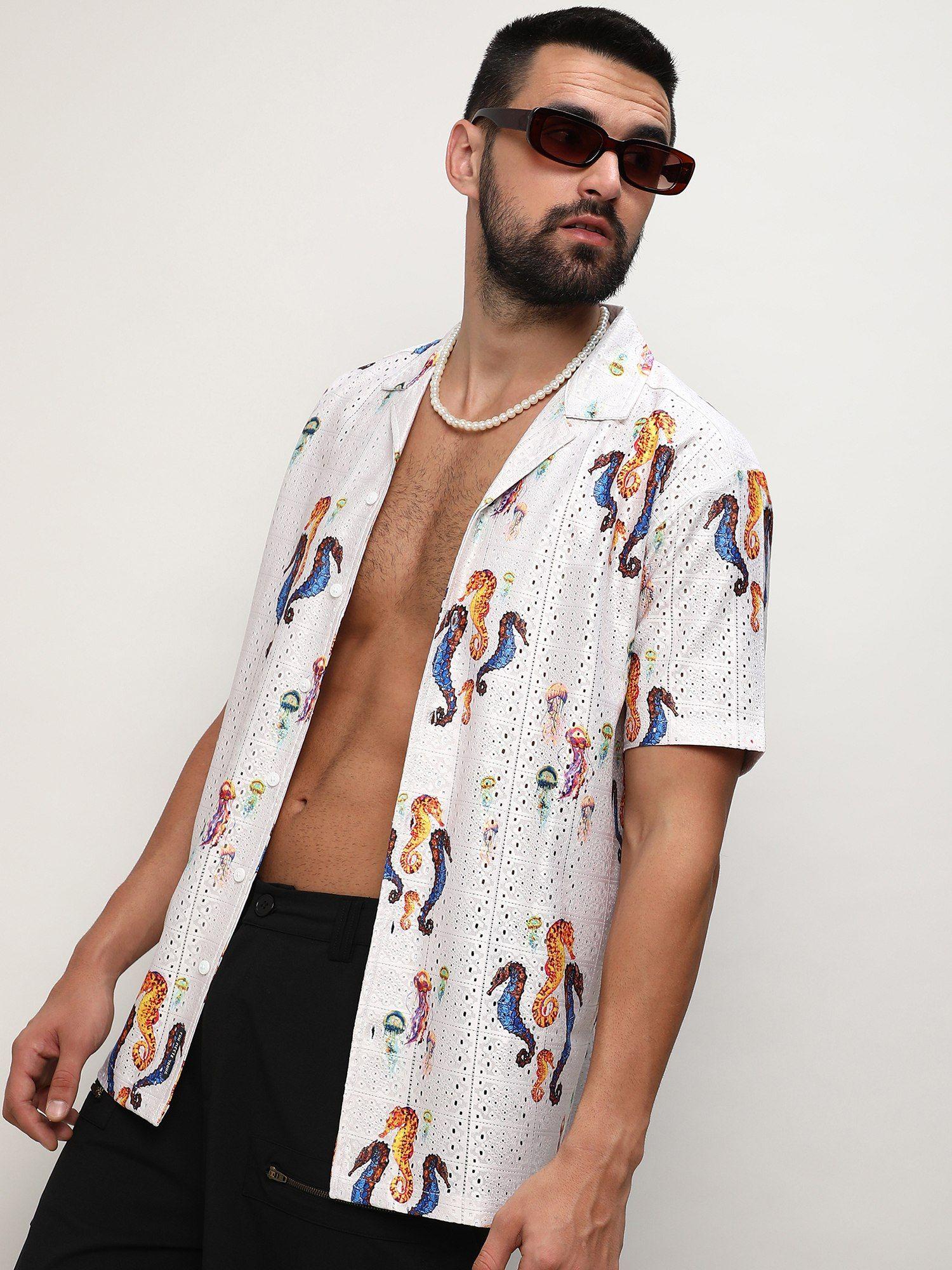 men white polyester printed casual shirt