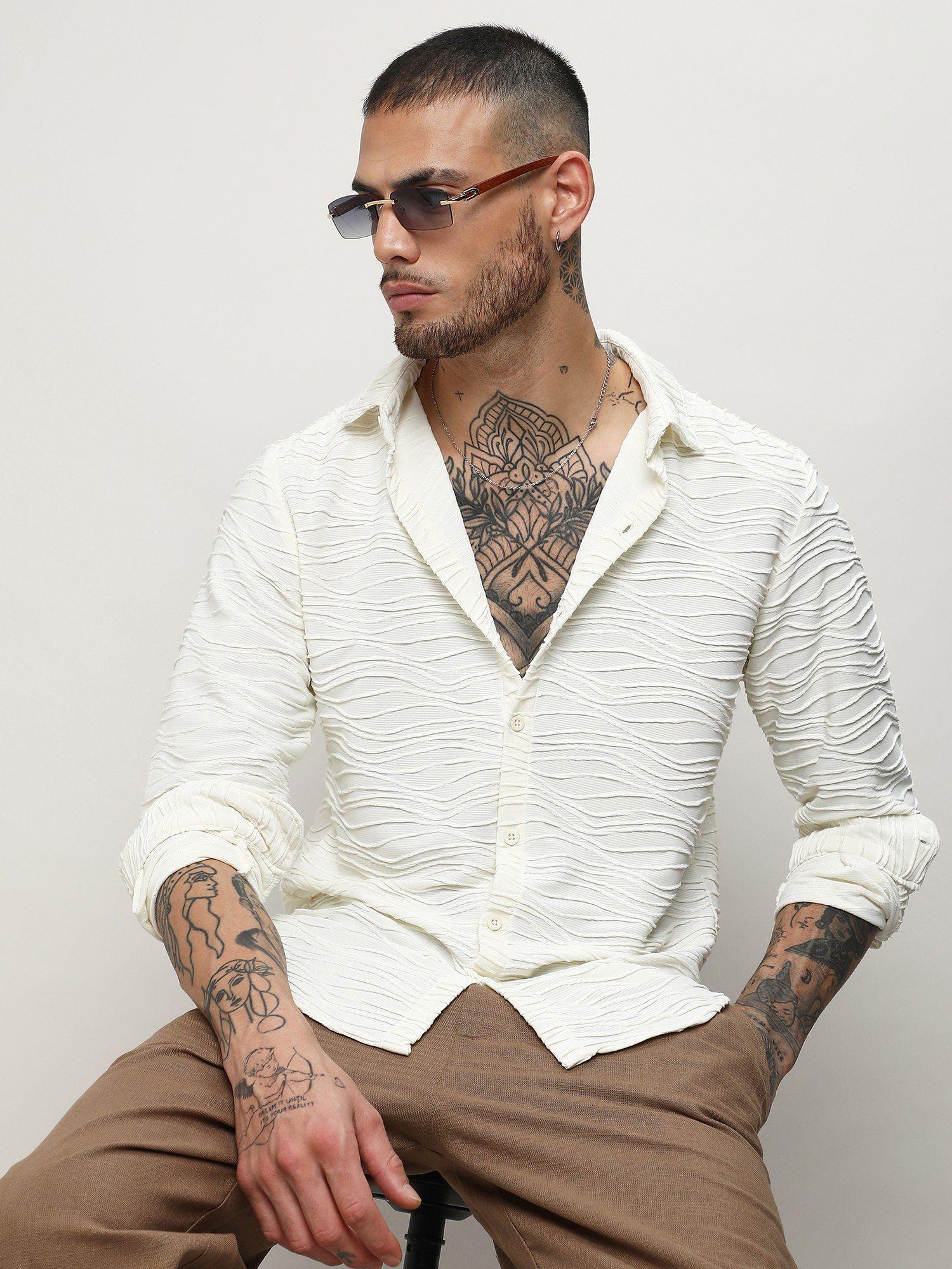 men white polyester textured casual shirt