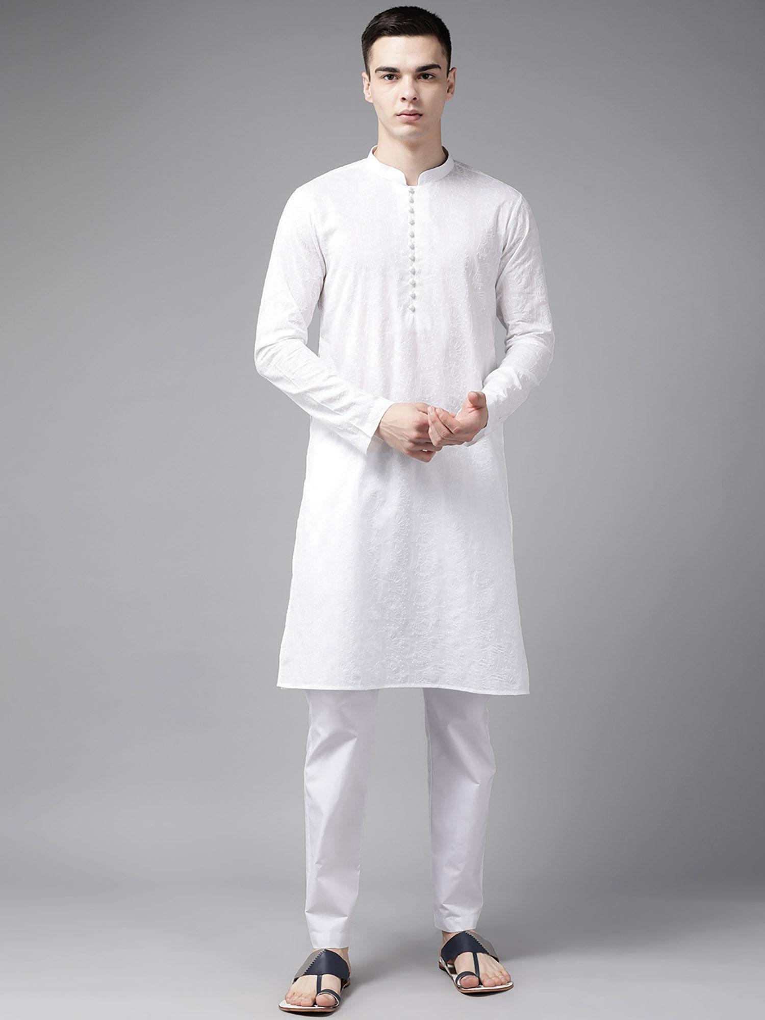 men white pure cotton chikankari embroidered straight kurta with pyjama (set of 2)