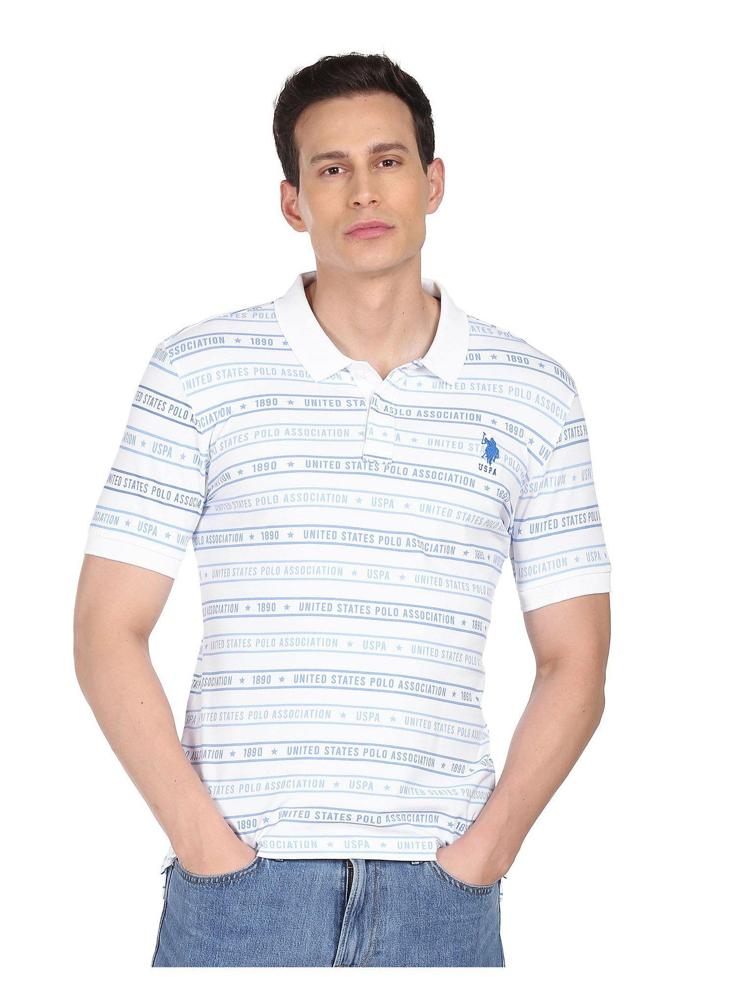 men white ribbed collar all over print polo t-shirt