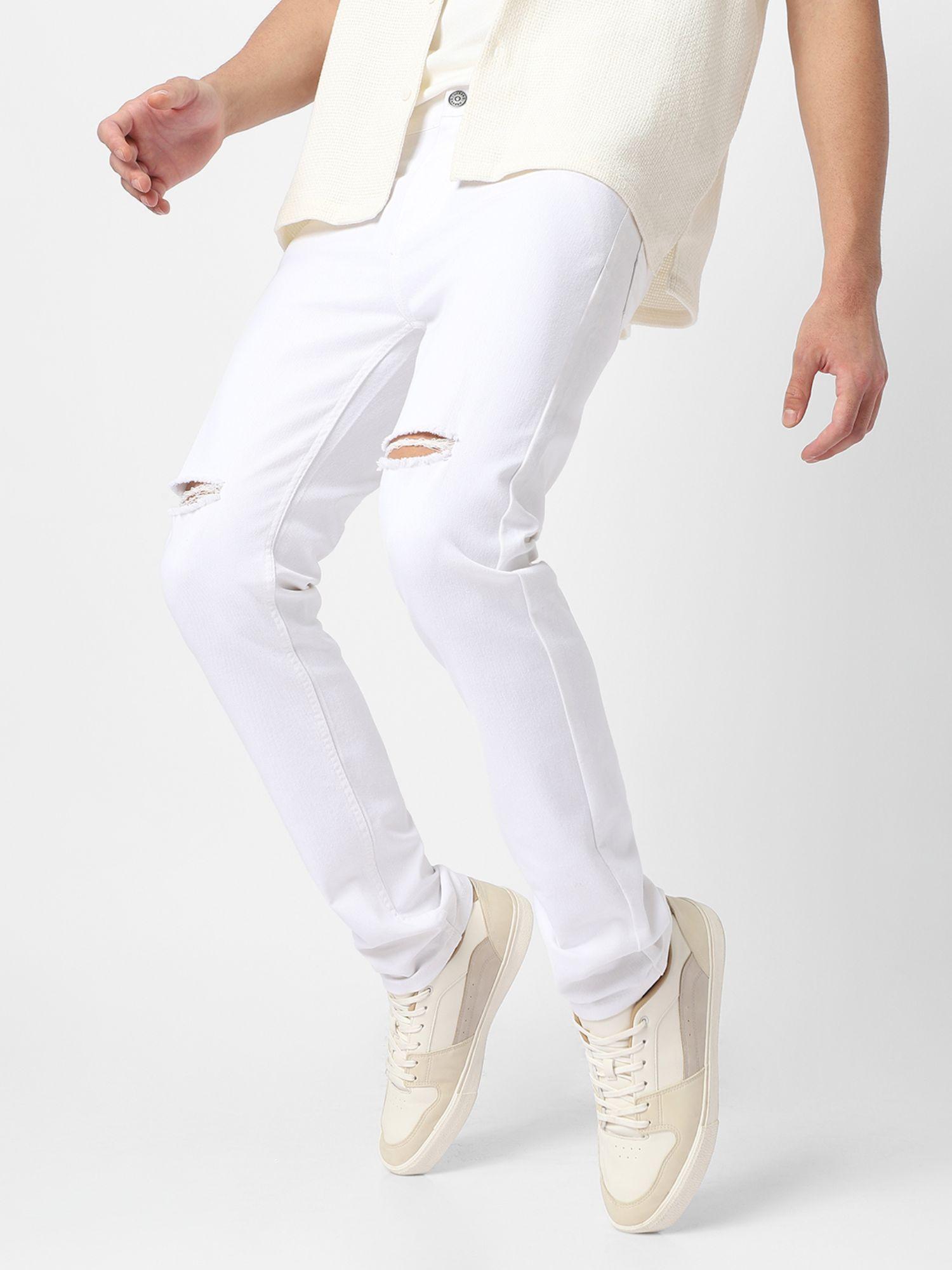 men white slim fit knee slit distressed jeans stretch