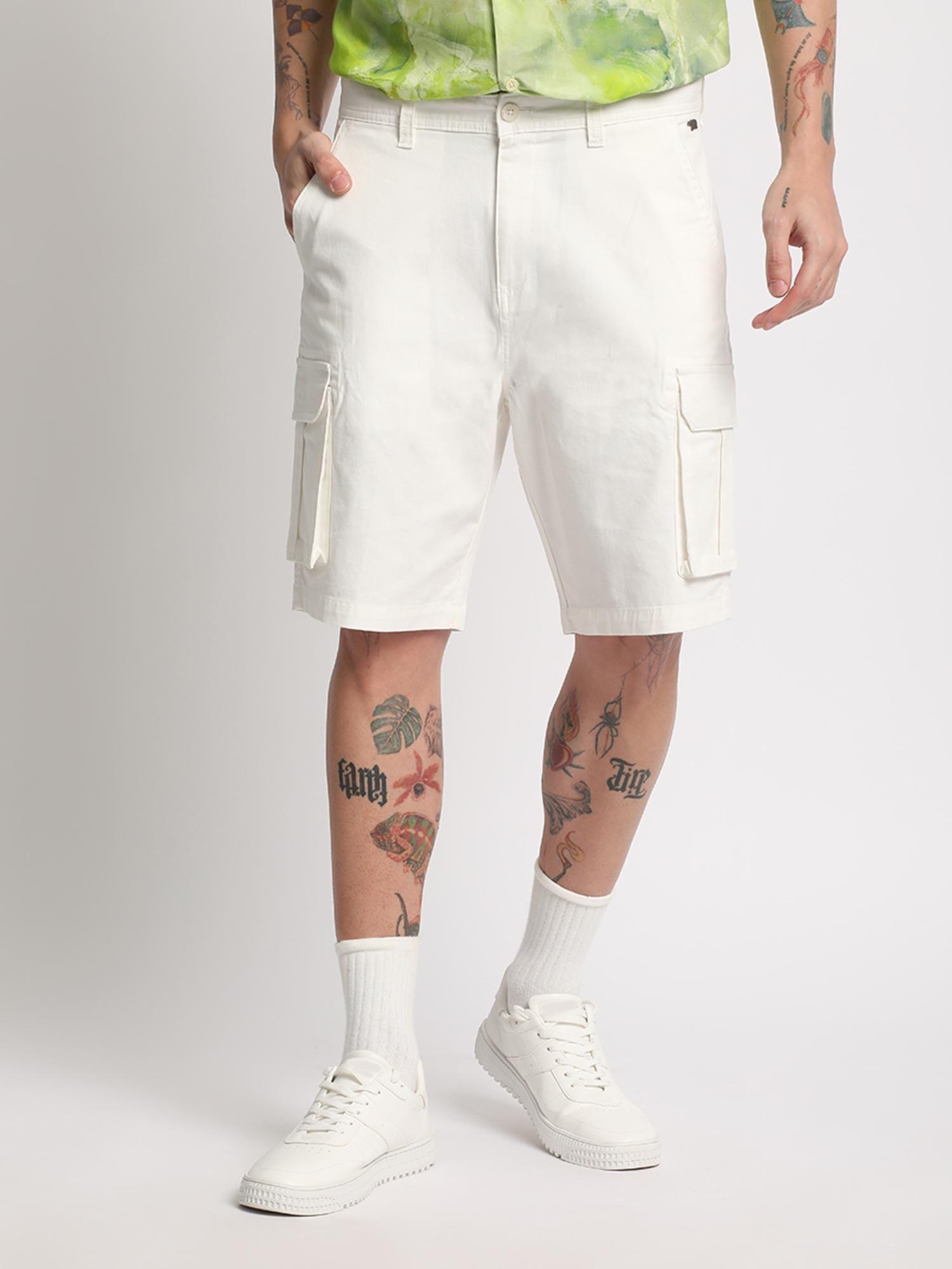 men white solid cotton cargo casual shorts