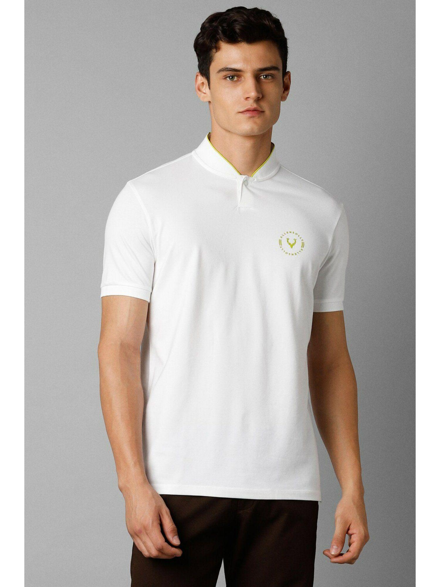 men white solid print stylized neck t-shirt