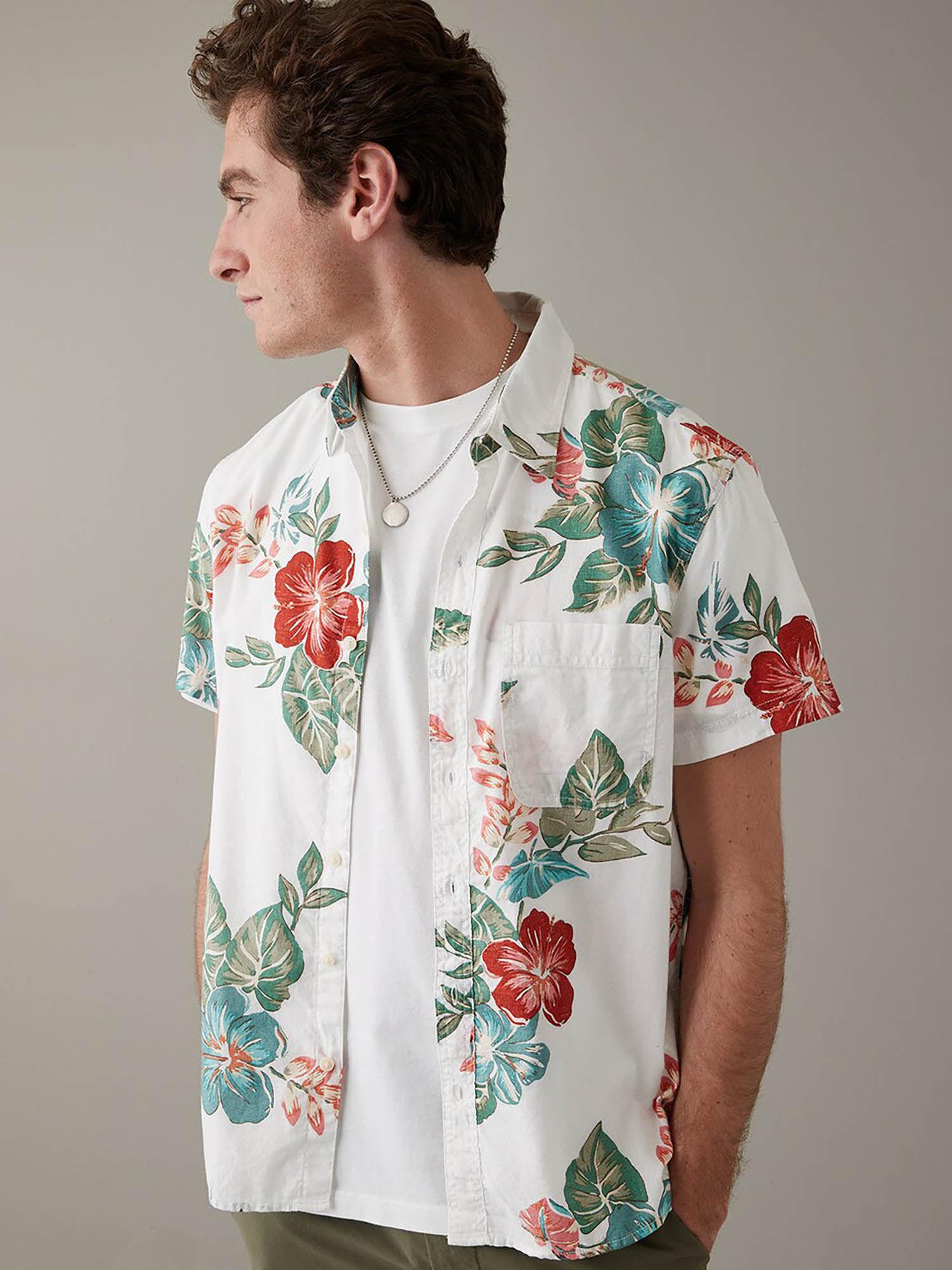 men white tropical button-up resort shirt